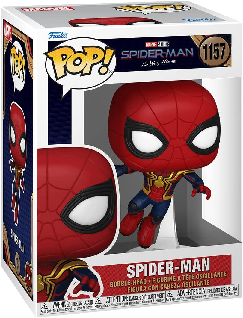 Figura de Spider-Man en caja. Traje rojo y azul, detalles dorados. La caja tiene logotipos de Marvel y Funko.
