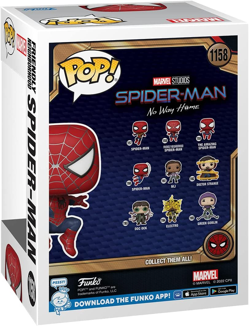 Caja de figura de Spider-Man. La parte delantera muestra la figura. La parte trasera muestra varias figuras de Spider-Man de la película.