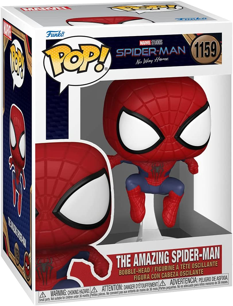 Figura Funko Pop de Spider-Man en una caja. La figura es roja y azul, en una pose dinámica.