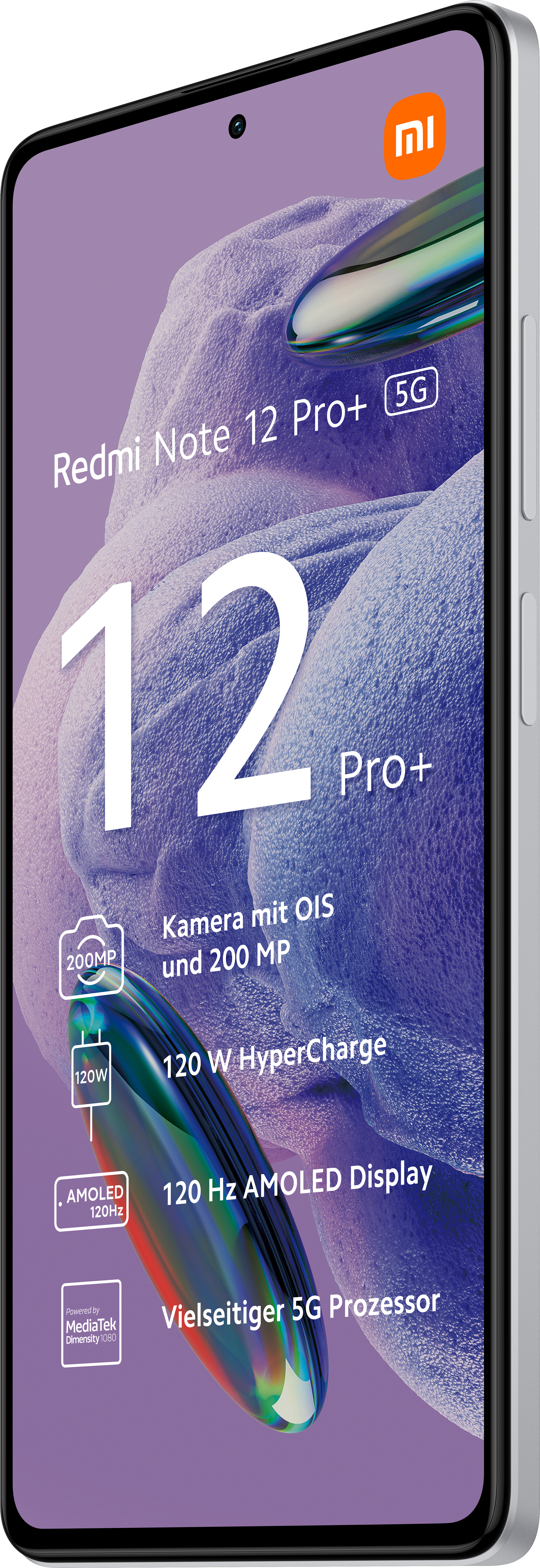 Smartphone mit Bildschirm, der Text und Symbole anzeigt, eine Kamera und ein Logo.