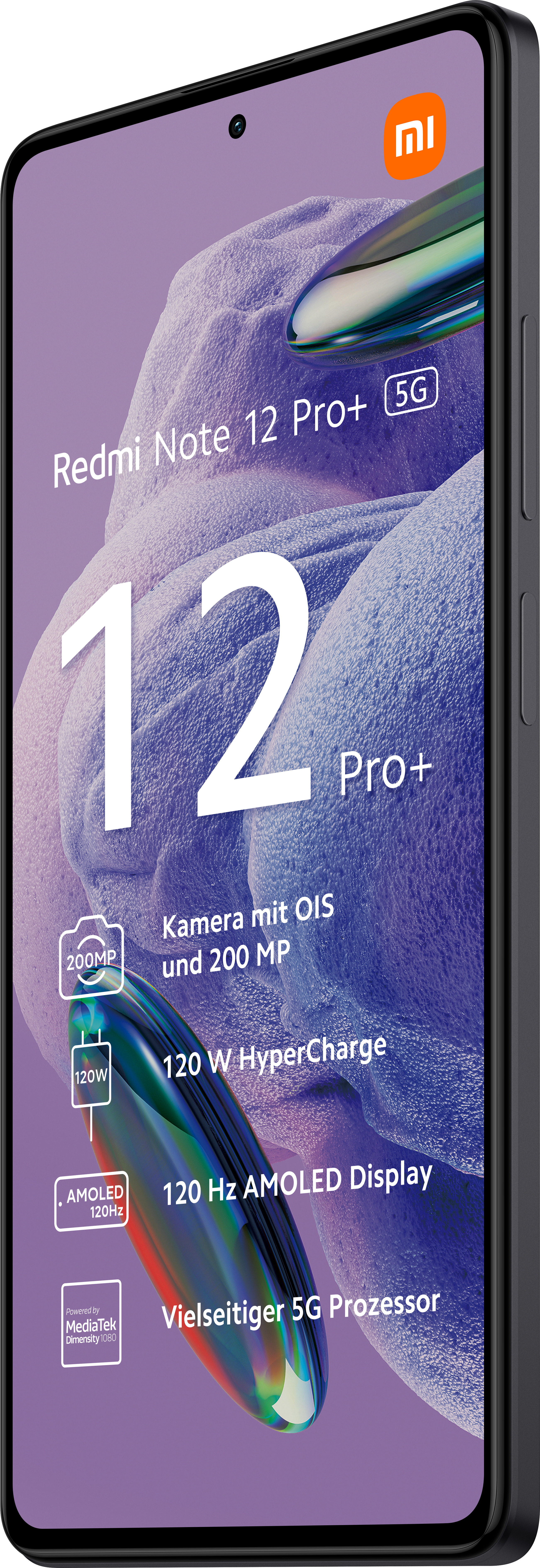 Redmi Note 12 Pro+ 5G Smartphone mit Text auf dem Bildschirm.