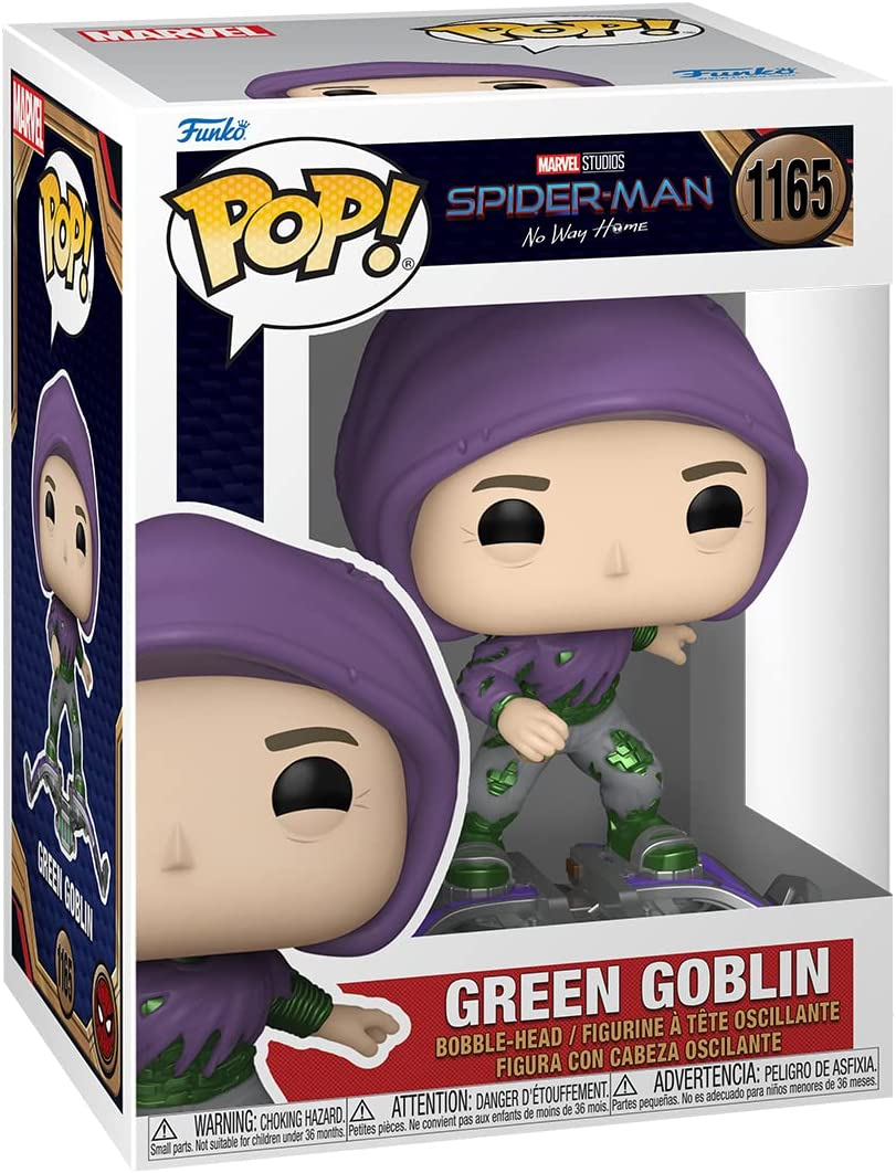 Figura Funko Pop! Green Goblin en caja. La figura lleva un atuendo morado.