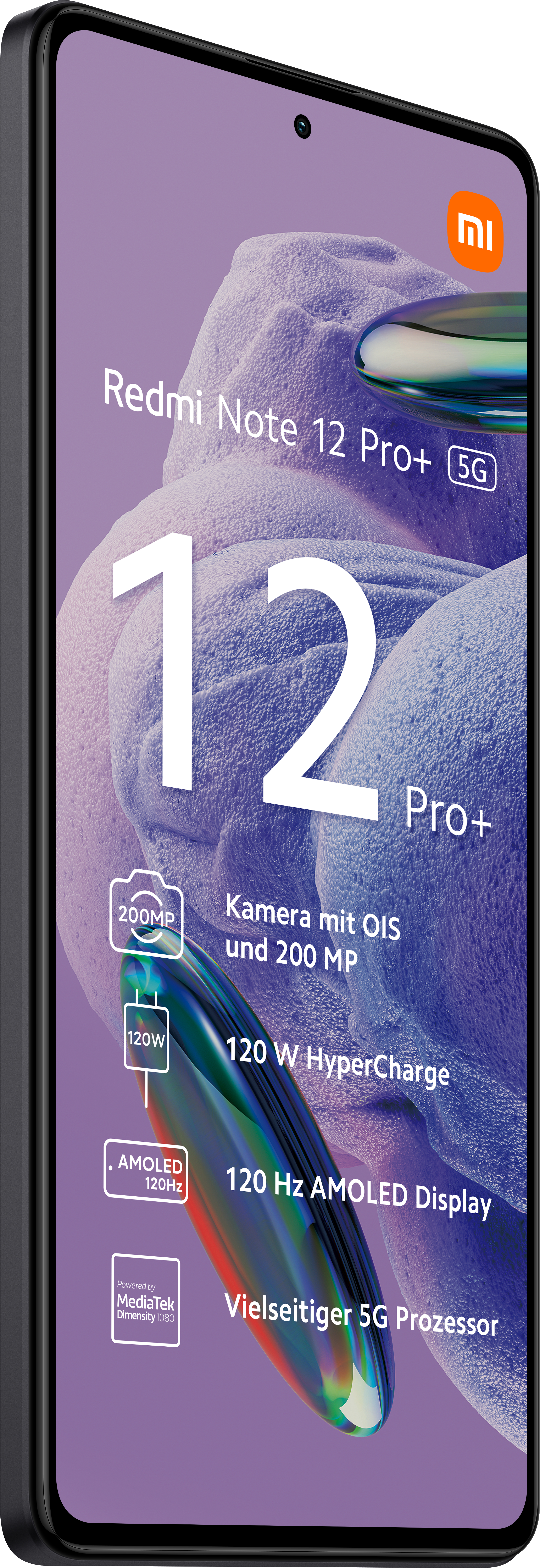 Ein Smartphone mit großem Display, das Funktionen wie 120W HyperCharge und 5G zeigt.