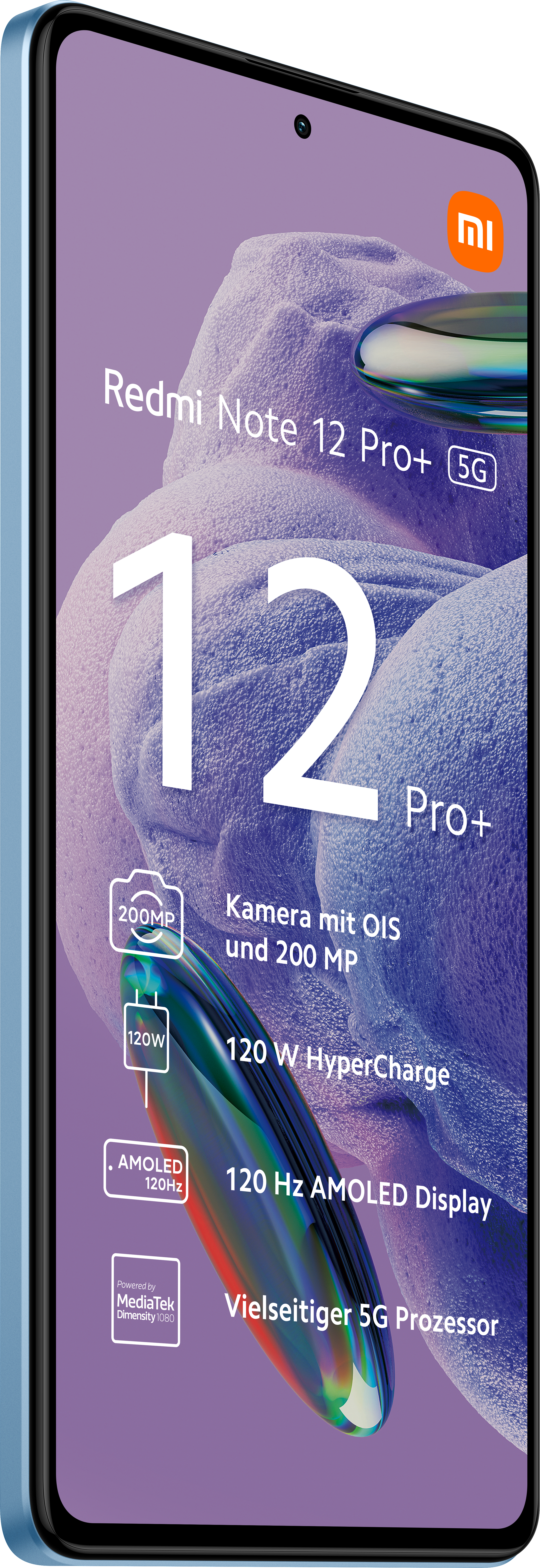 Ein Smartphone mit einem Bildschirm, der Text und Symbole anzeigt, und einem blauen Rahmen.