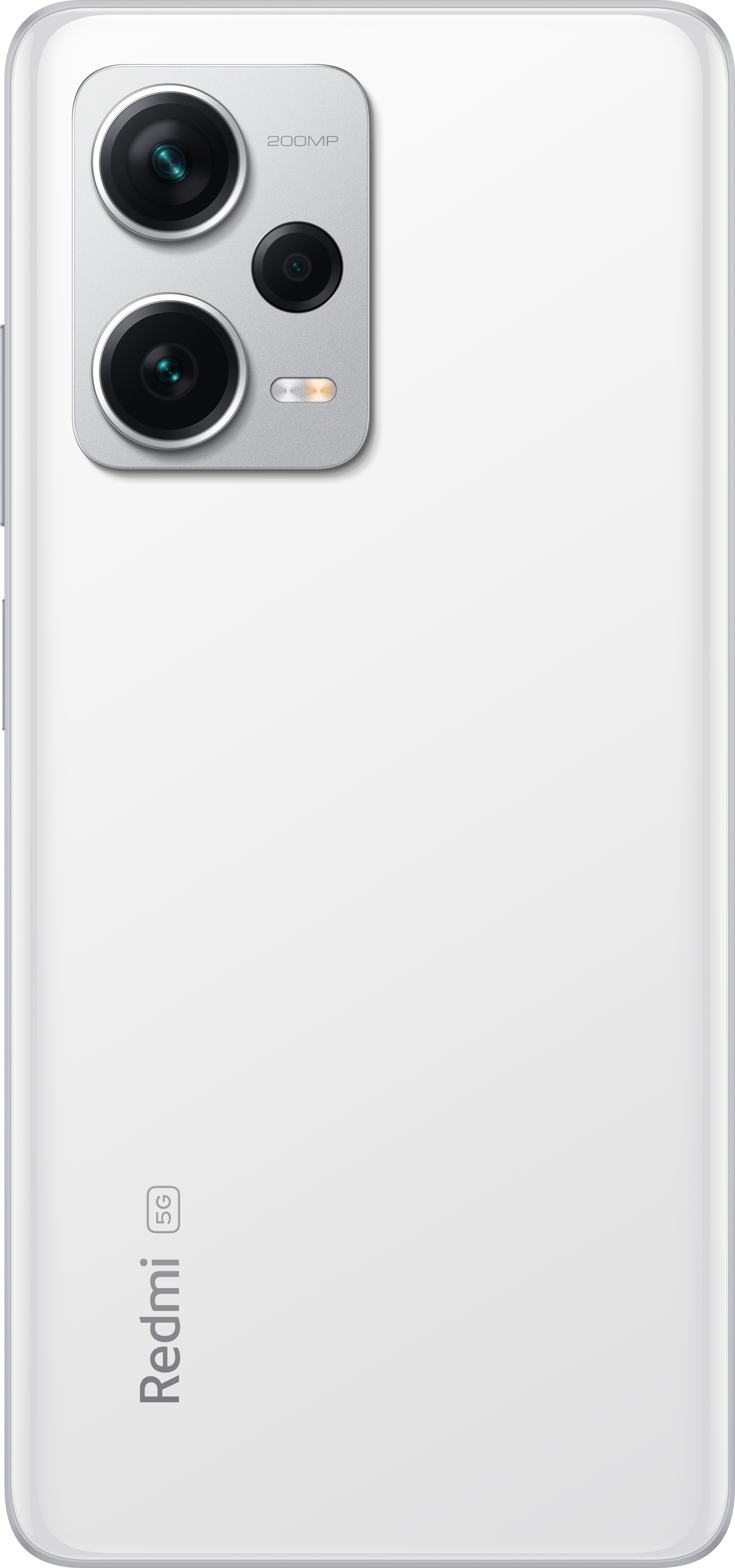 Rückseite eines weißen Smartphones mit mehreren Kameras. Das Redmi-Logo ist unten sichtbar.