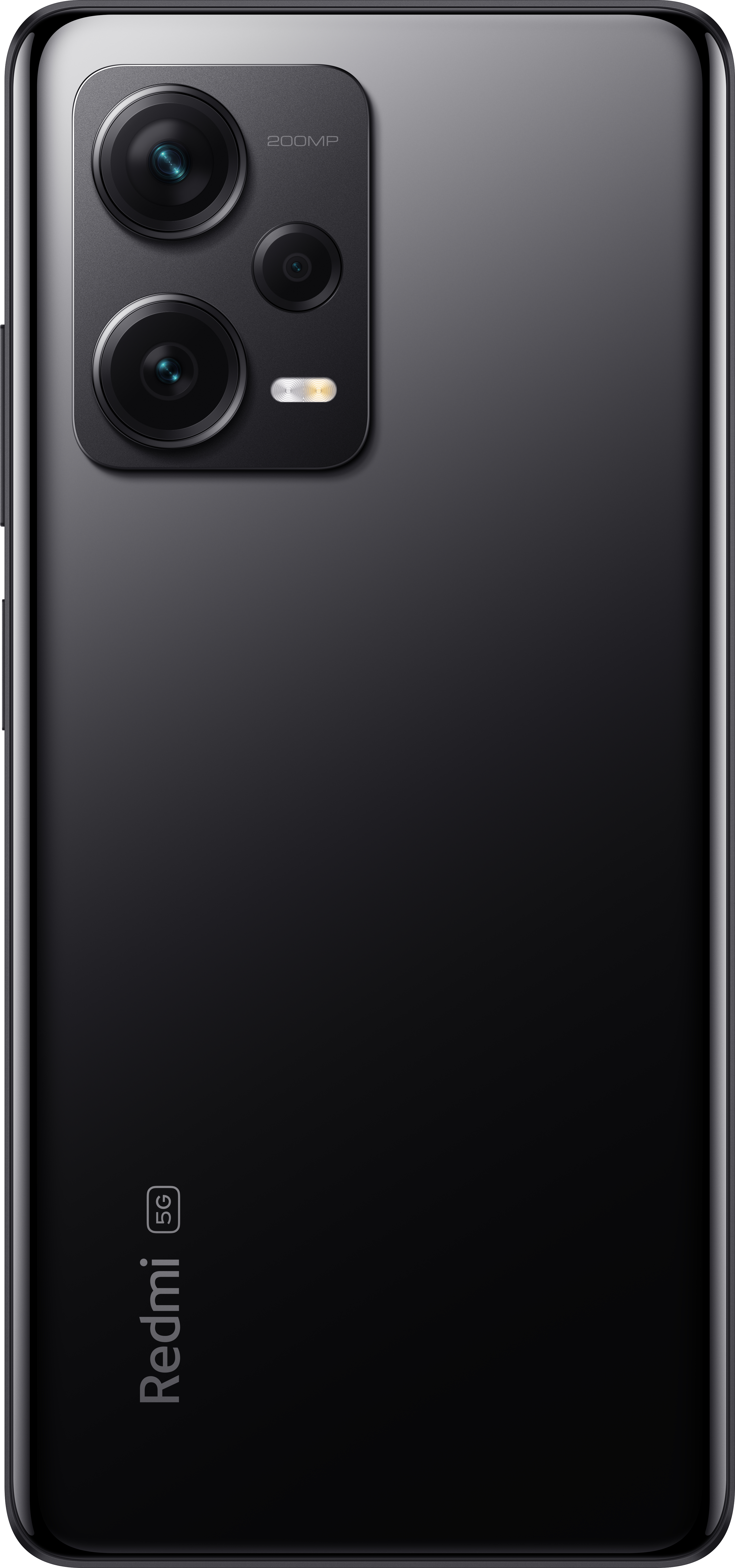 Rückseite eines schwarzen Redmi 5G-Smartphones mit Dreifachkamera.