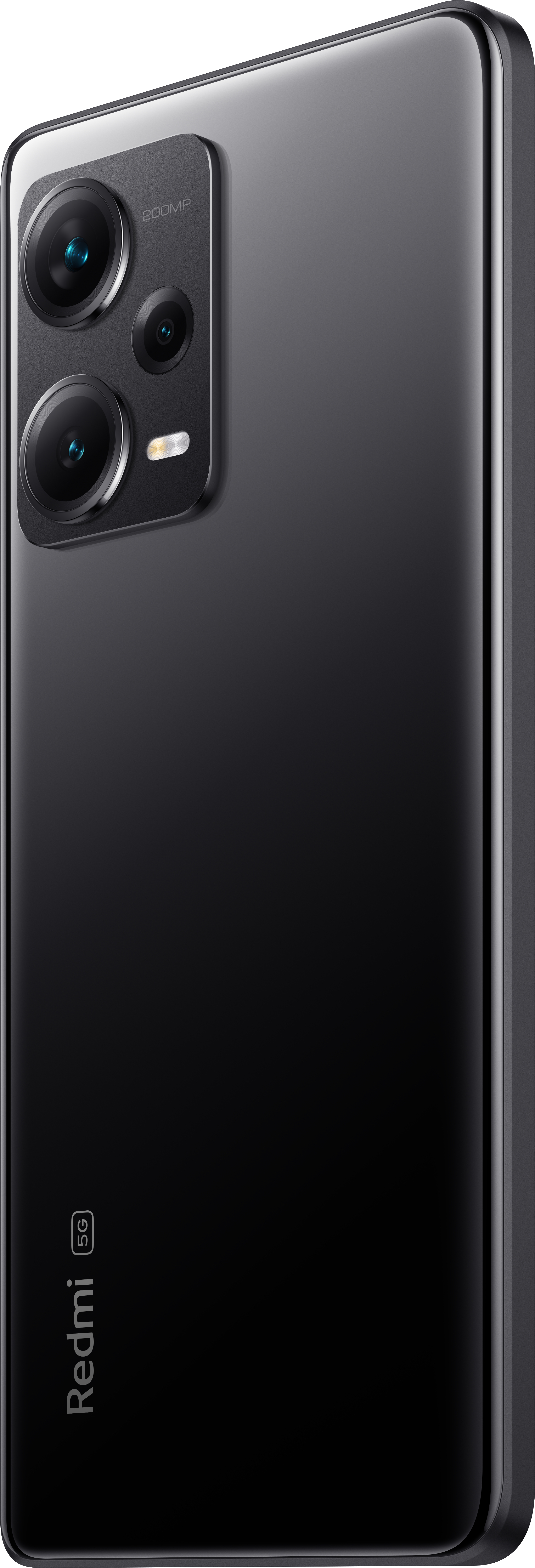 Ein schwarzes Redmi 5G-Telefon. Das Kamerasystem befindet sich oben links.