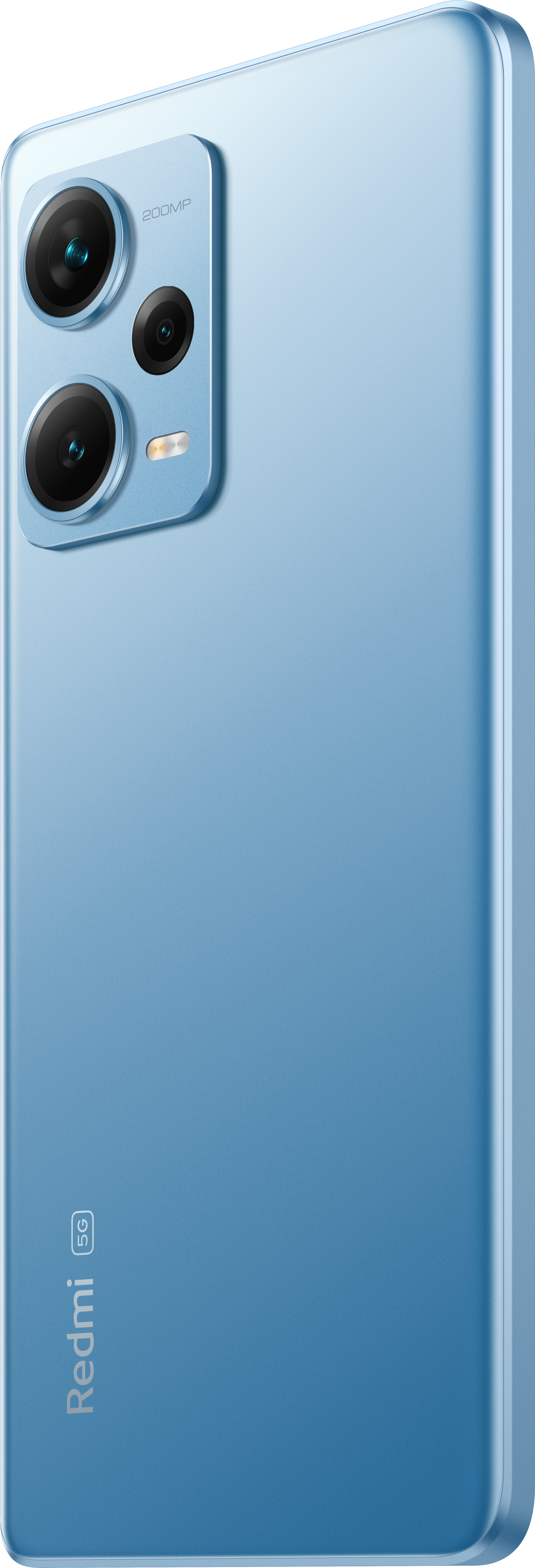 Blaues Smartphone, Rückansicht, mit Dreifachkamera und Redmi 5G Logo.