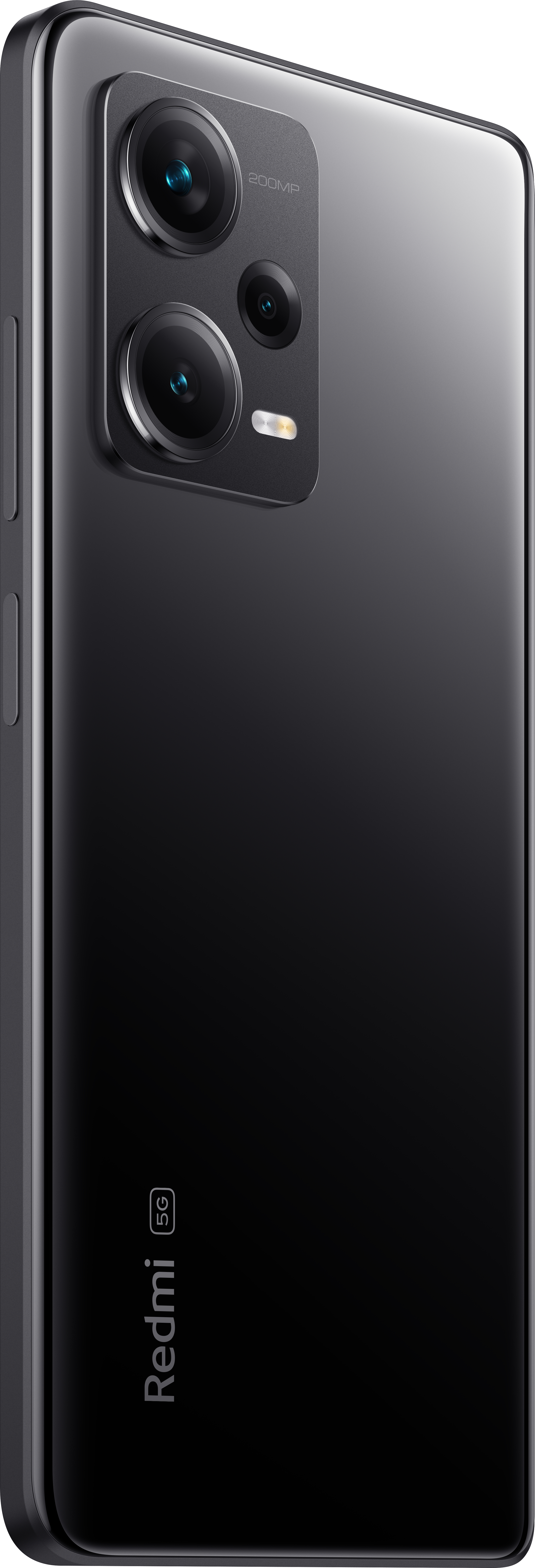 Schwarzes Smartphone mit drei Kameras. Die Rückseite des Telefons ist sichtbar. Das Redmi-Logo befindet sich unten.