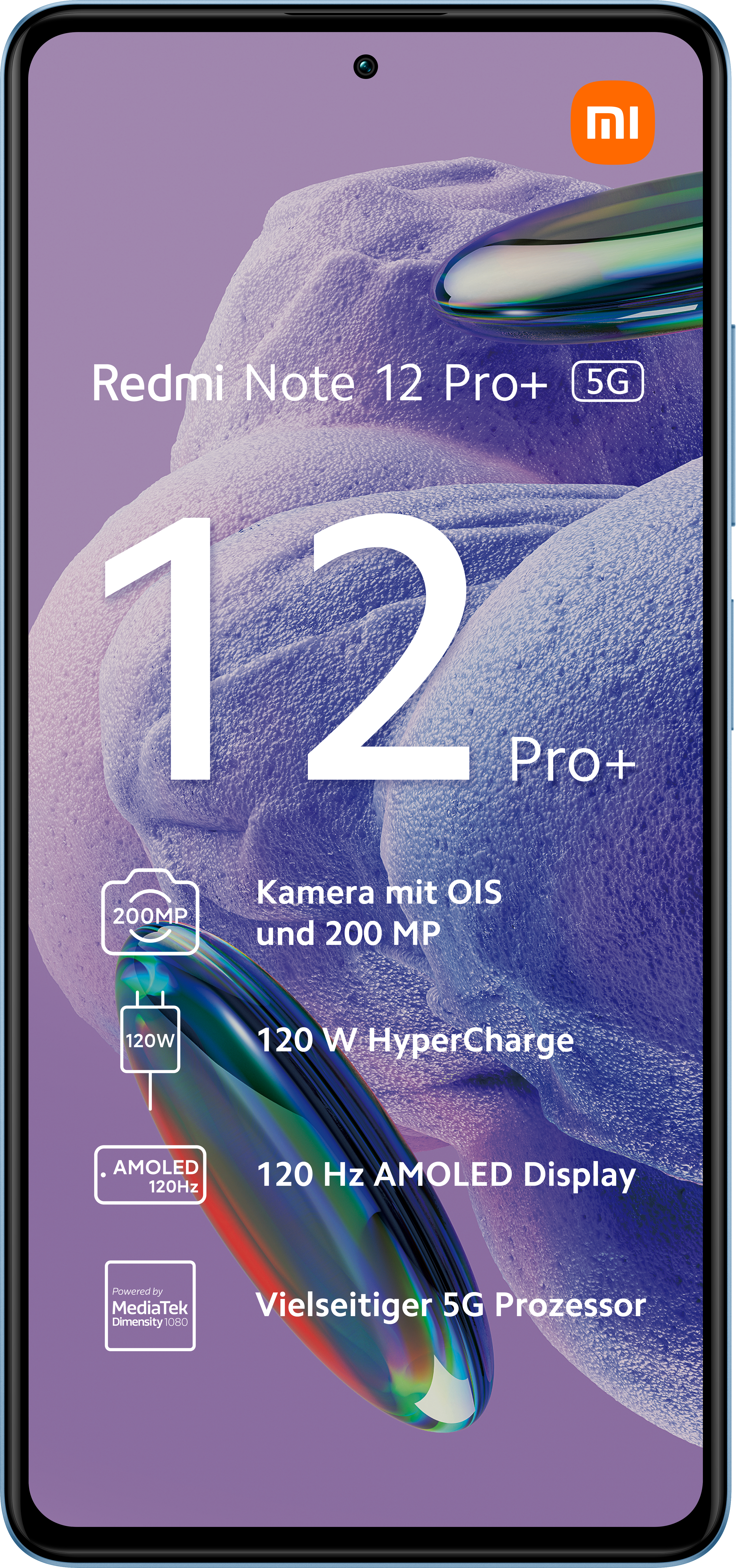 Ein Smartphone-Bildschirm, schwarz mit Text und Symbolen, blauer Rahmen.