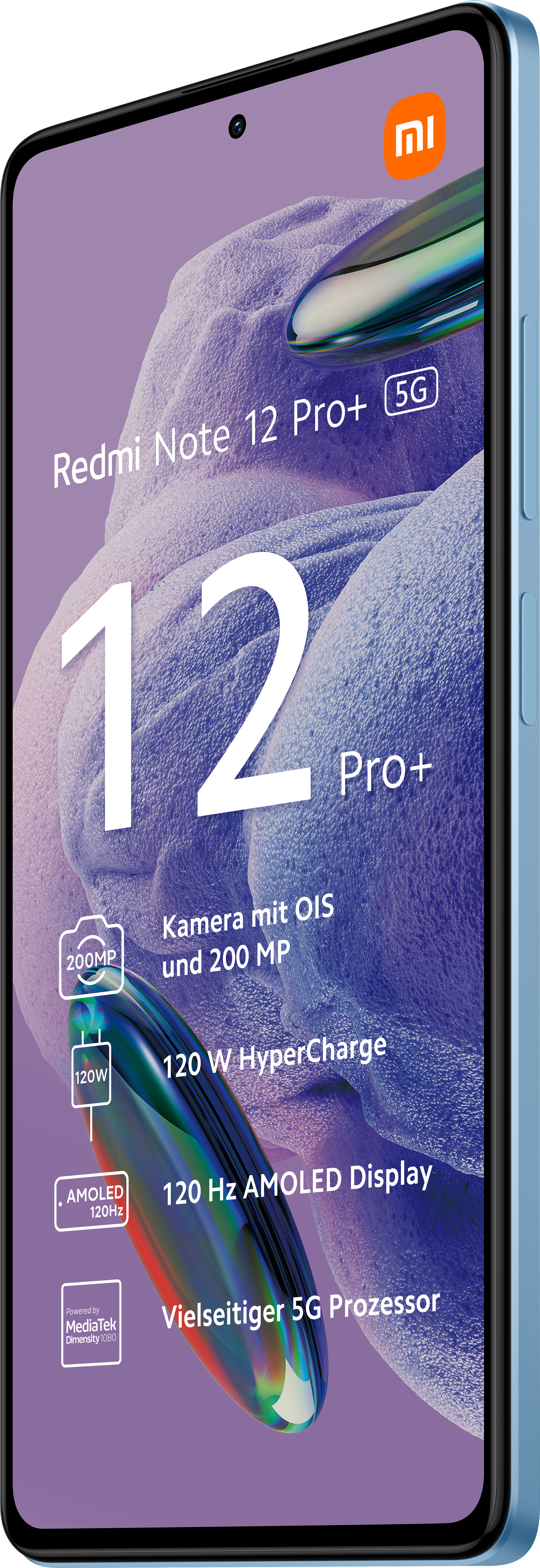 Blaues Telefon mit Bildschirm, der Telefoninformationen anzeigt.