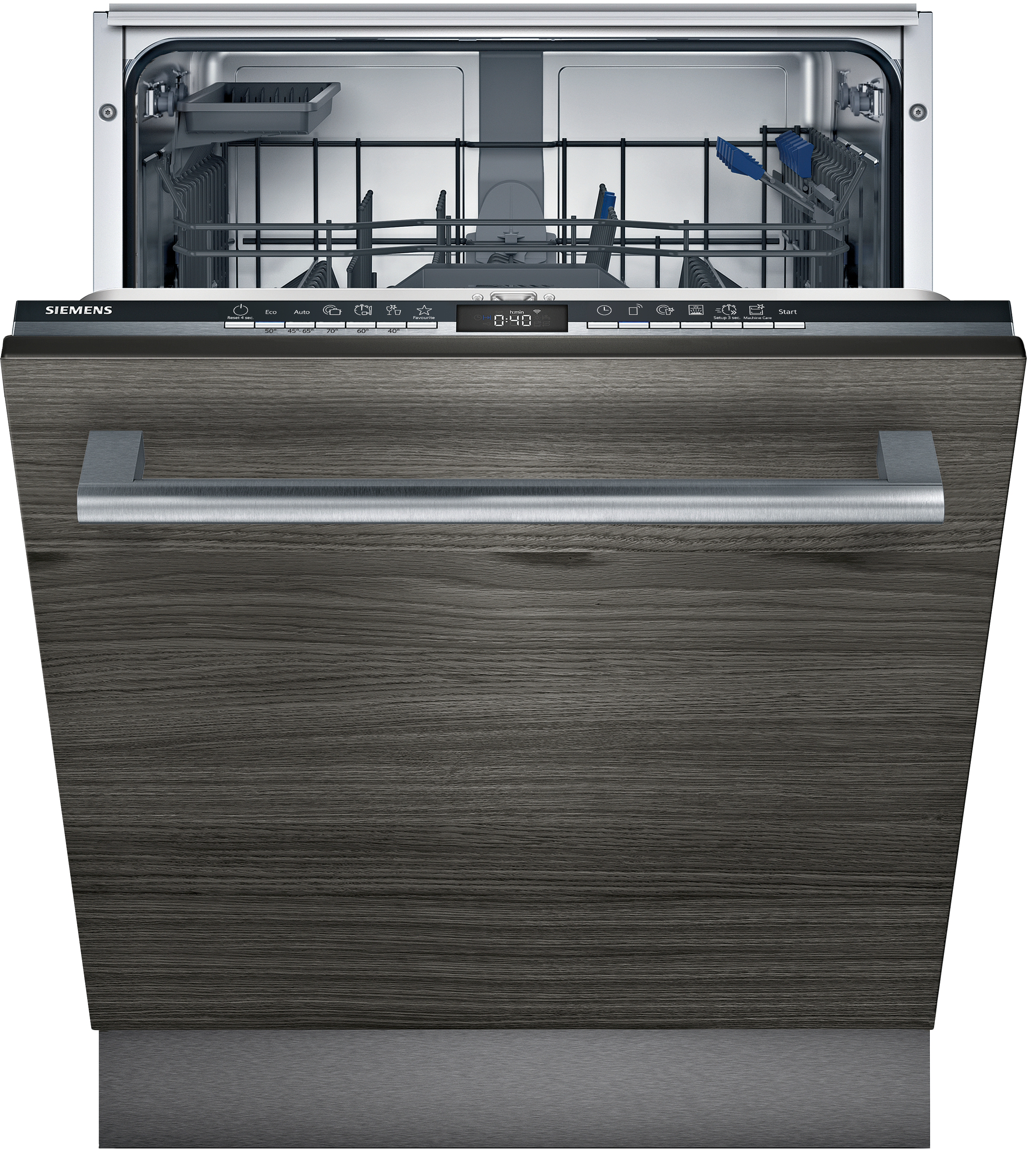 Ein Siemens Geschirrspüler mit Holzfront. Die Tür ist geöffnet und zeigt die Innenregale.