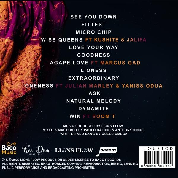 Albumcover mit Titelliste. Text- und Musikkredits sind aufgeführt. Das Logo von Lions Flow ist sichtbar.
