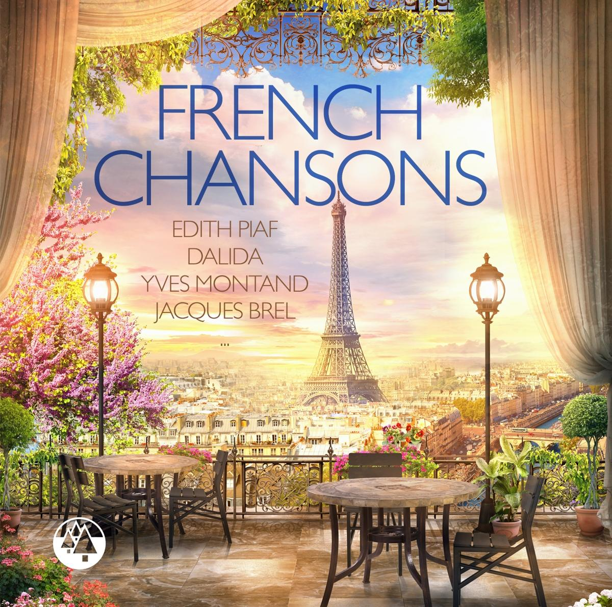 Albumcover: French Chansons. Eiffelturm im Hintergrund, Tische & Stühle im Vordergrund.
