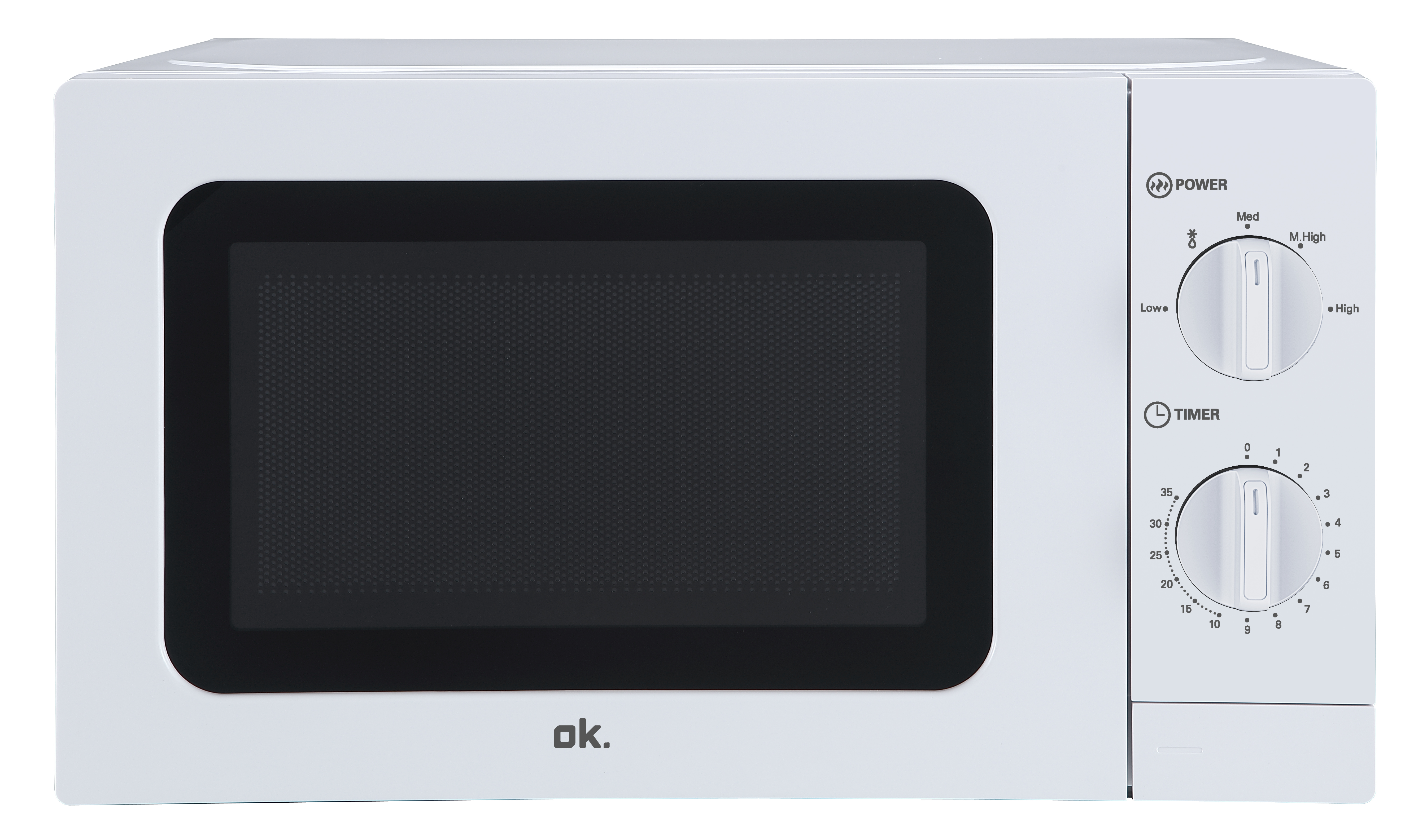 Horno microondas blanco con diales de control para potencia y temporizador. Muestra el logo ok.