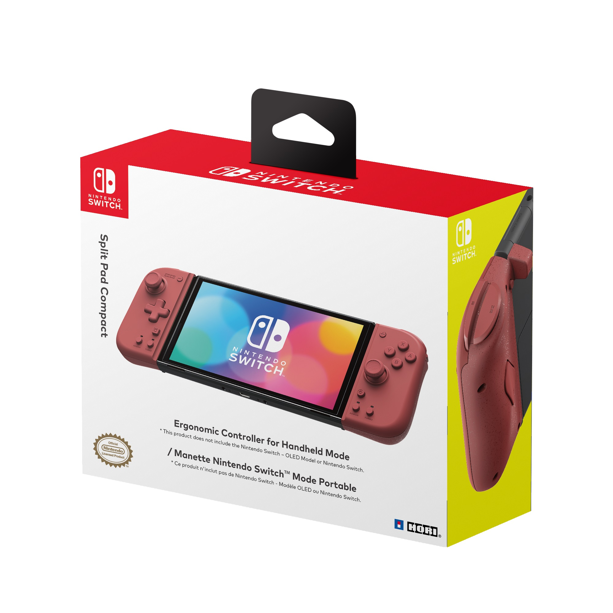 Nintendo Switch Split Pad Compact Box: Roter Controller angebracht, rot-weiße Box mit Nintendo Logo.