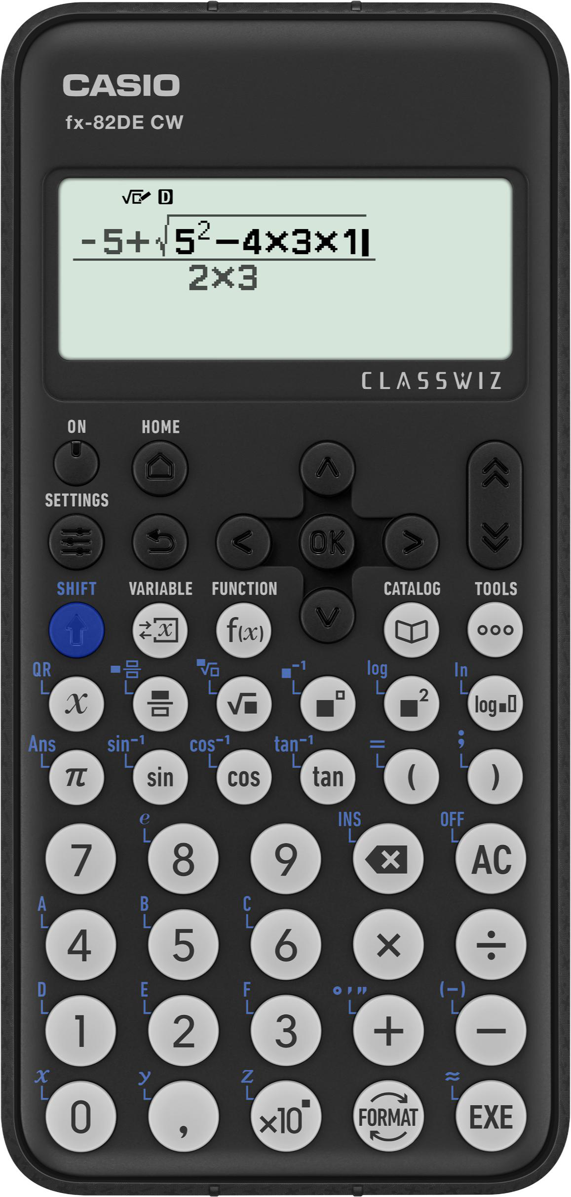 Taschenrechner, der eine mathematische Gleichung anzeigt. Tasten mit verschiedenen Funktionen sind sichtbar.
