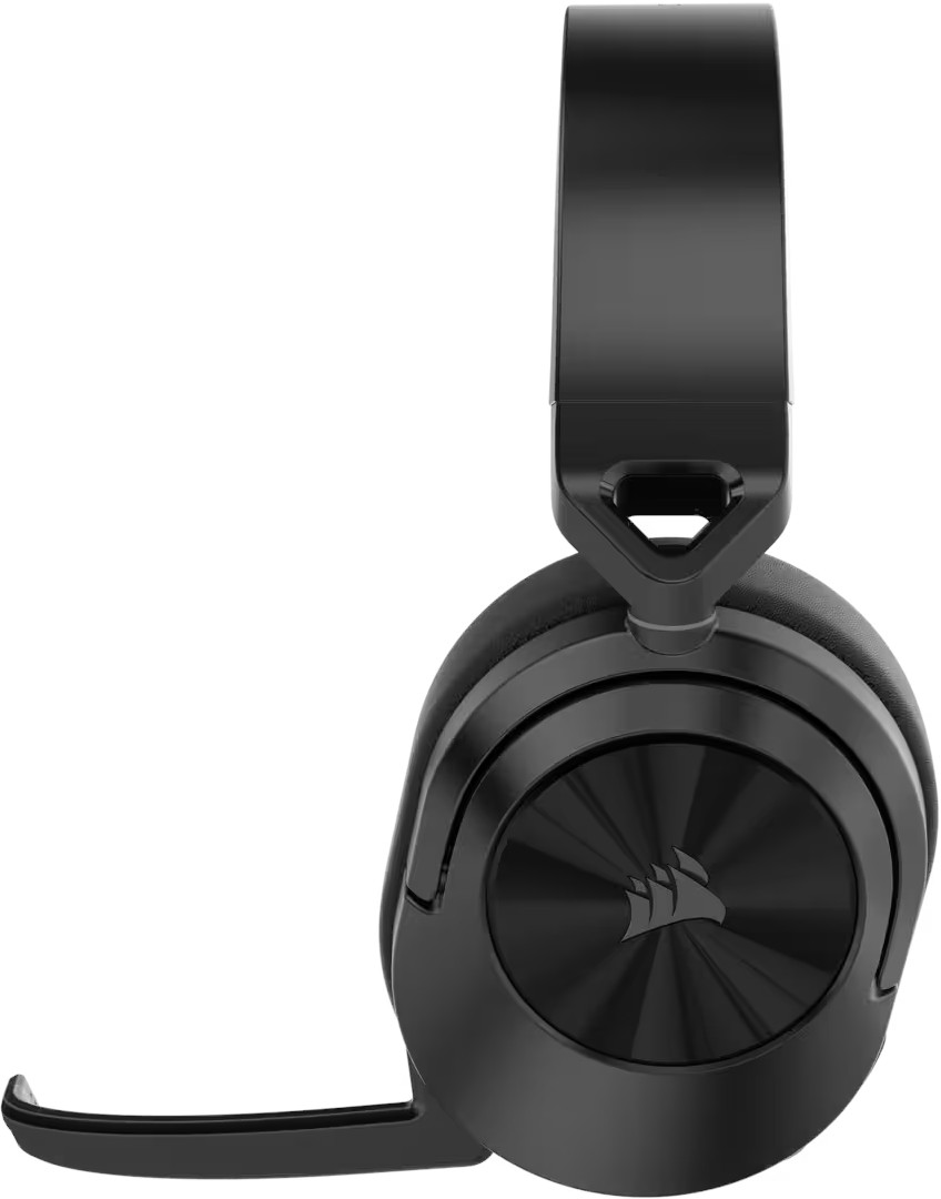 Casque audio noir circum-auriculaire avec microphone. Vu de côté, sur fond blanc.