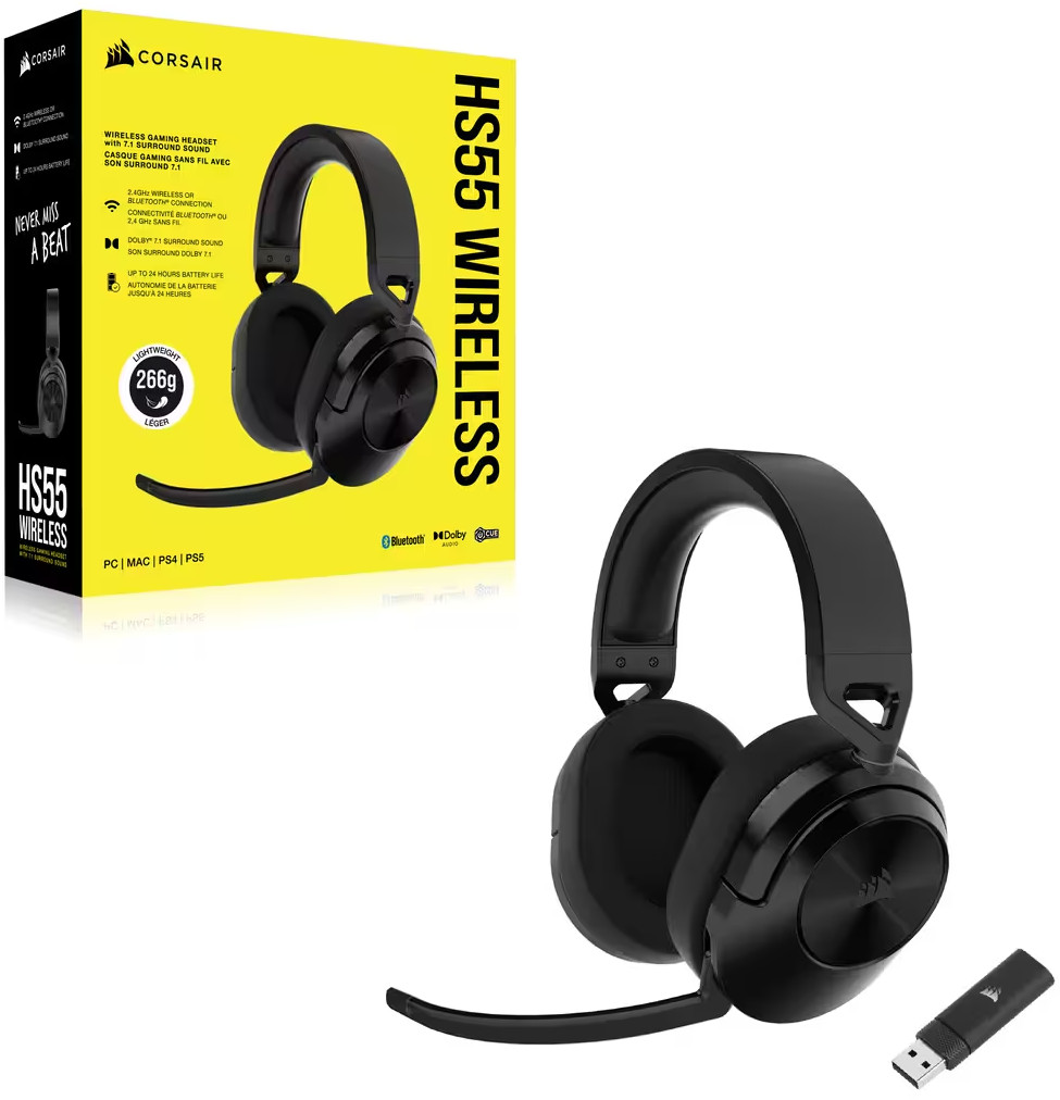 Casque de jeu noir avec un microphone à côté d'une boîte contenant le même casque.