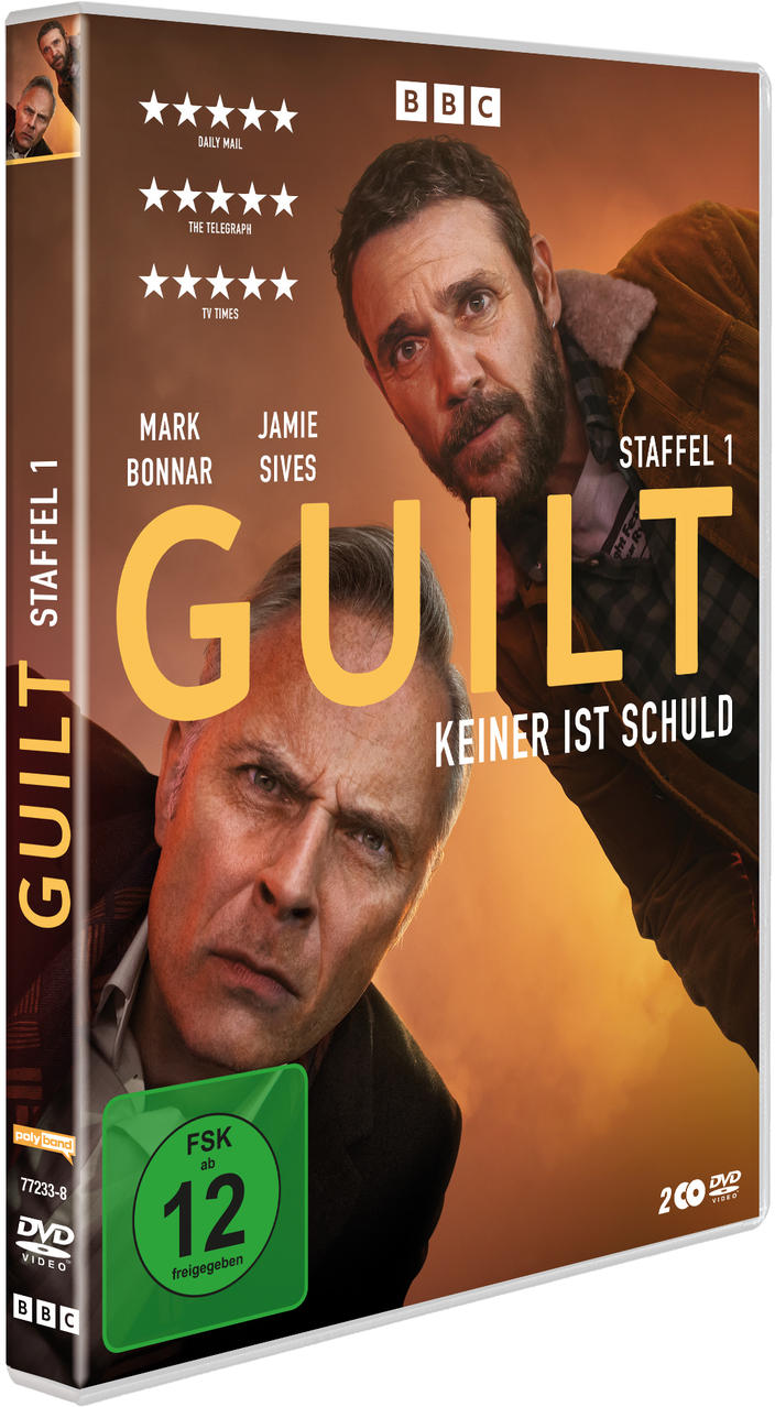 DVD-Hülle mit Filmposter, zwei Männer, Titel "Guilt".