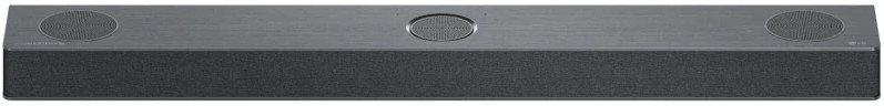 Een lange, donkere soundbar met luidsprekerroosters en een centraal display.