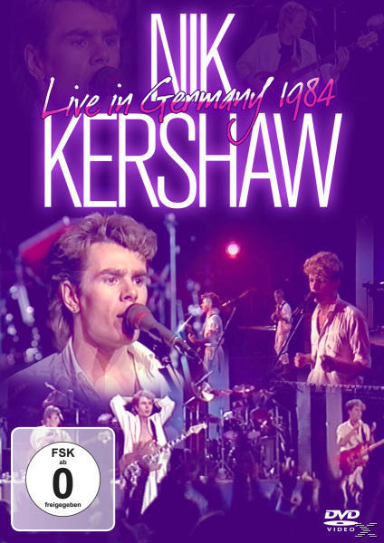 DVD-Cover: Nik Kershaw, Live in Germany 1984, Sänger auf der Bühne, lila und rosa Farbtöne, Konzertaufnahmen.