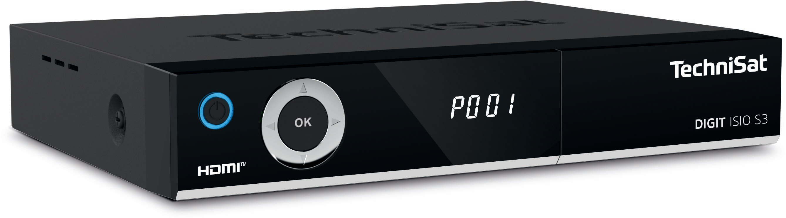 Ein schwarzes TechniSat-Gerät mit einem Display, das 'P001' anzeigt.