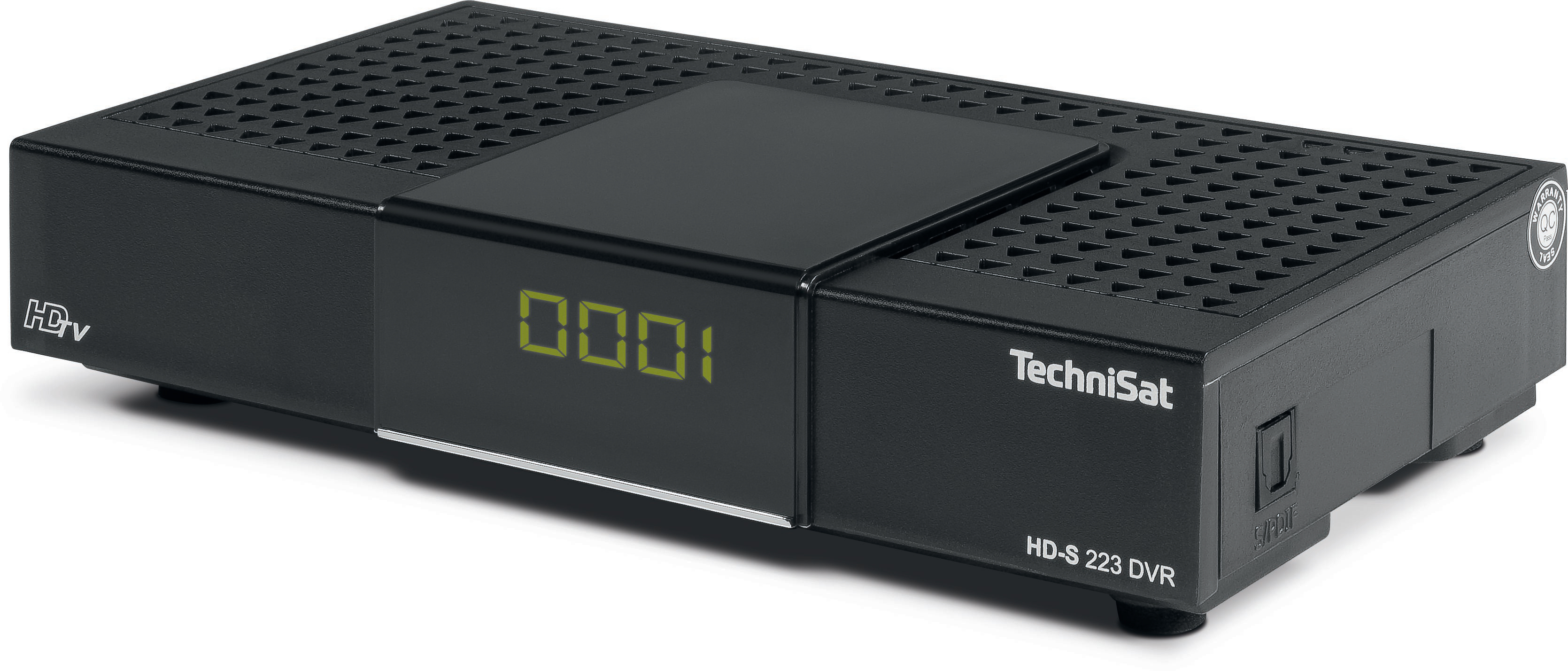 Schwarzer TechniSat HD-S 223 DVR. Zeigt eine Kanalnummer auf einem digitalen Display. Weißer Hintergrund.