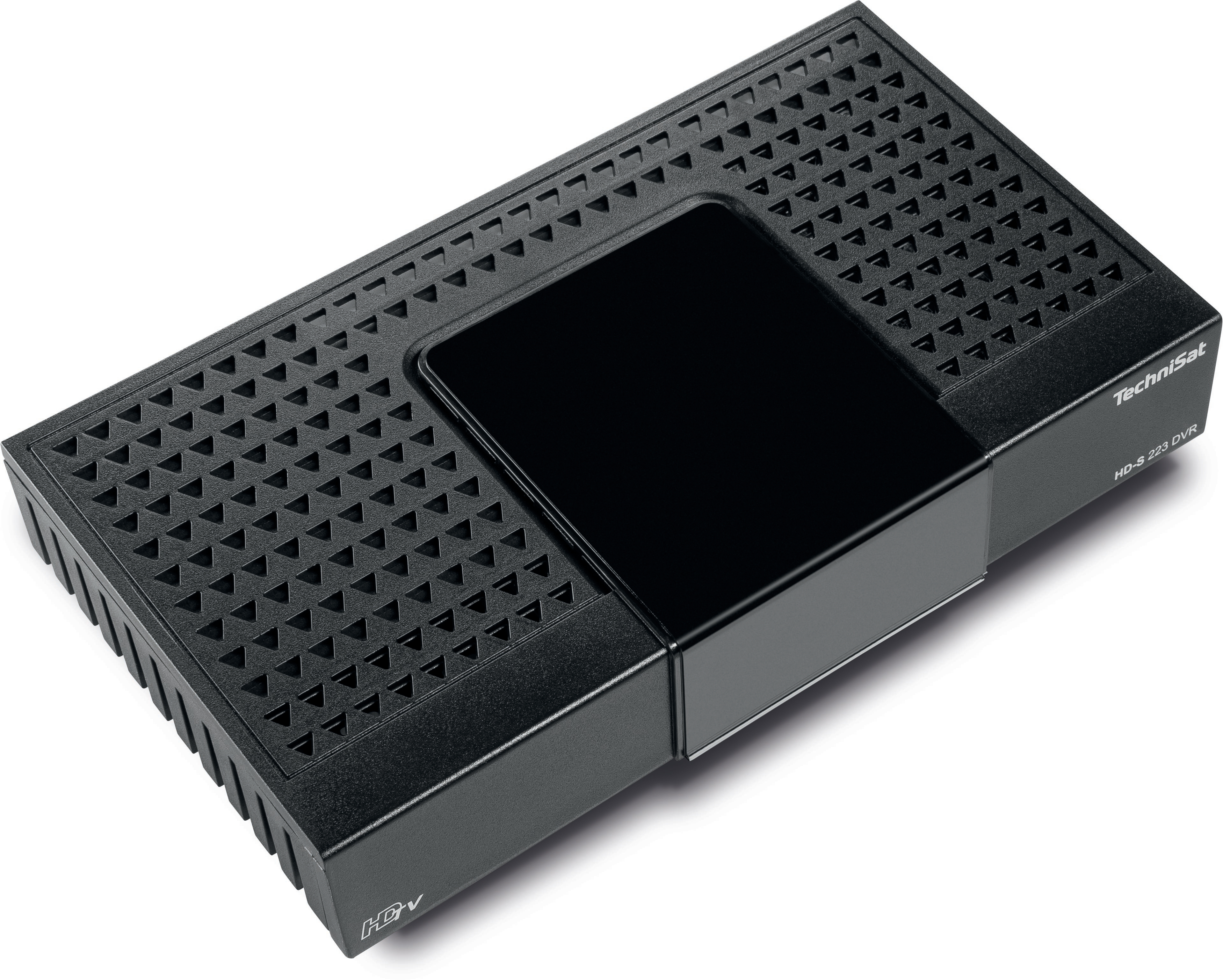 Eine schwarze Set-Top-Box mit einem perforierten Design.