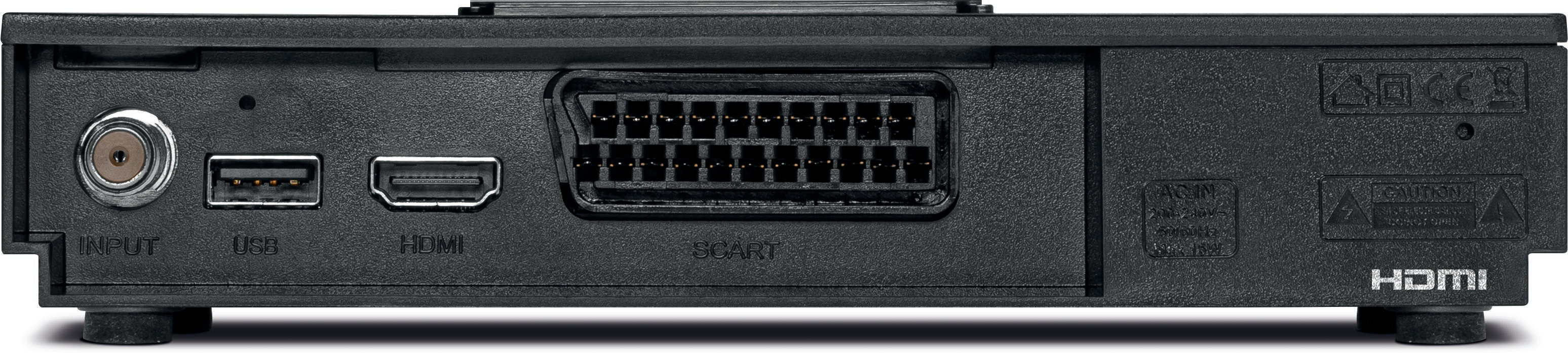 Rückseite eines schwarzen elektronischen Geräts. Zeigt Eingangsanschlüsse: USB, HDMI, SCART und andere.