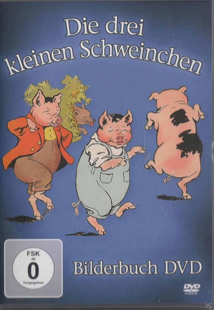 DVD-Cover von 'Die drei kleinen Schweinchen'. Drei Zeichentrickschweine tanzen, blauer Hintergrund.