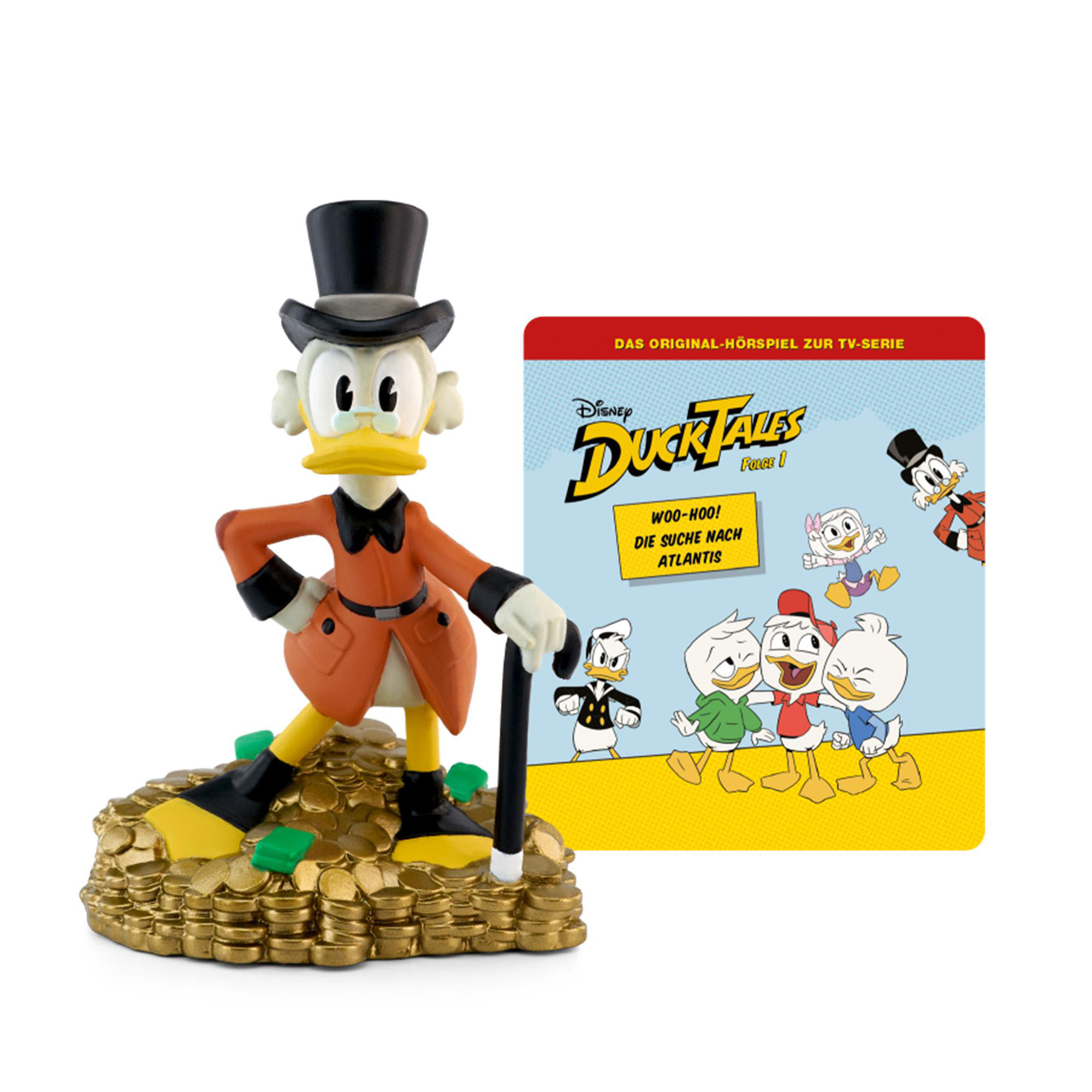 Dagobert Duck Figur mit Goldmünzen und Buch.