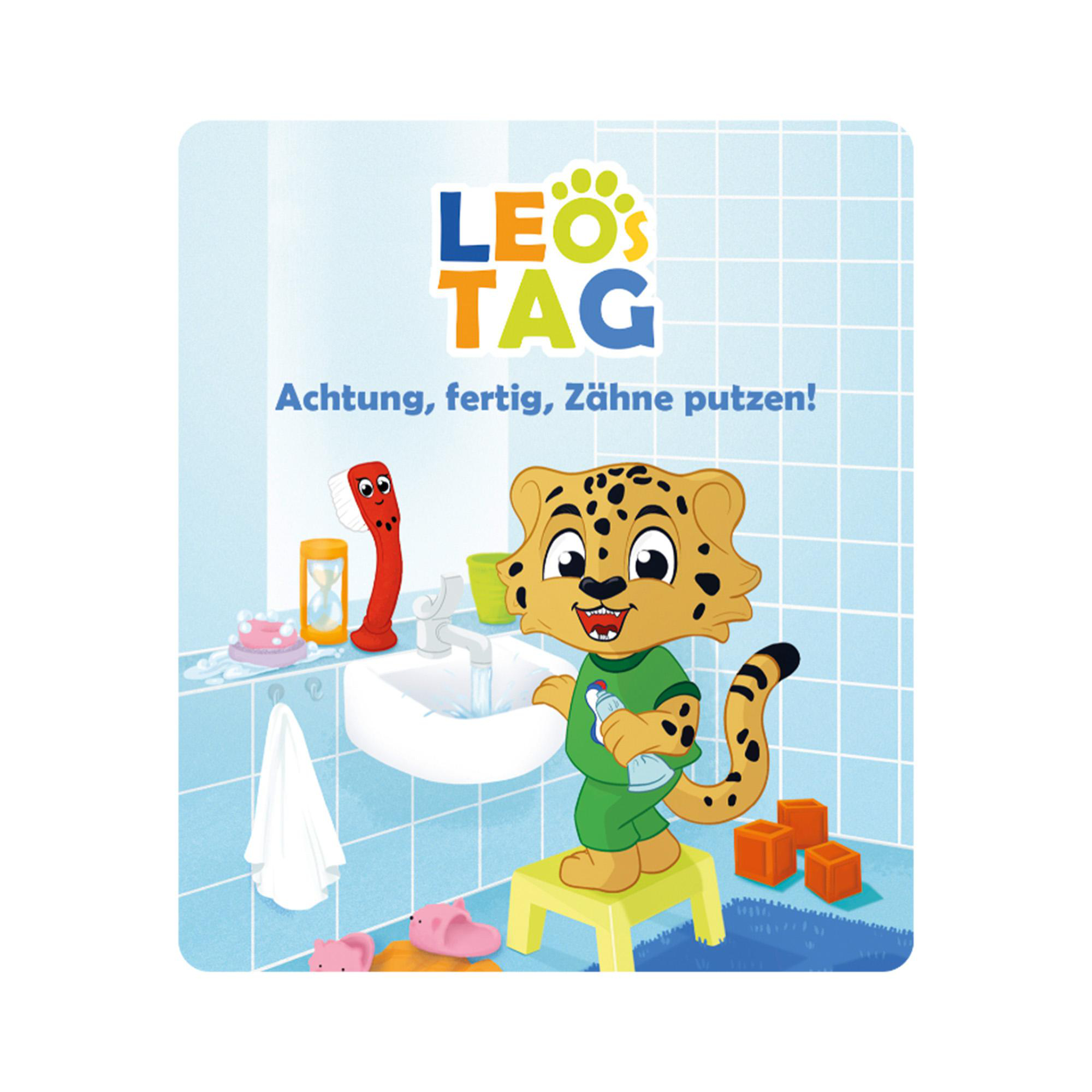 Leo's Tag Cartoonbild. Ein Cartoon-Leopard putzt sich im Badezimmer die Zähne.