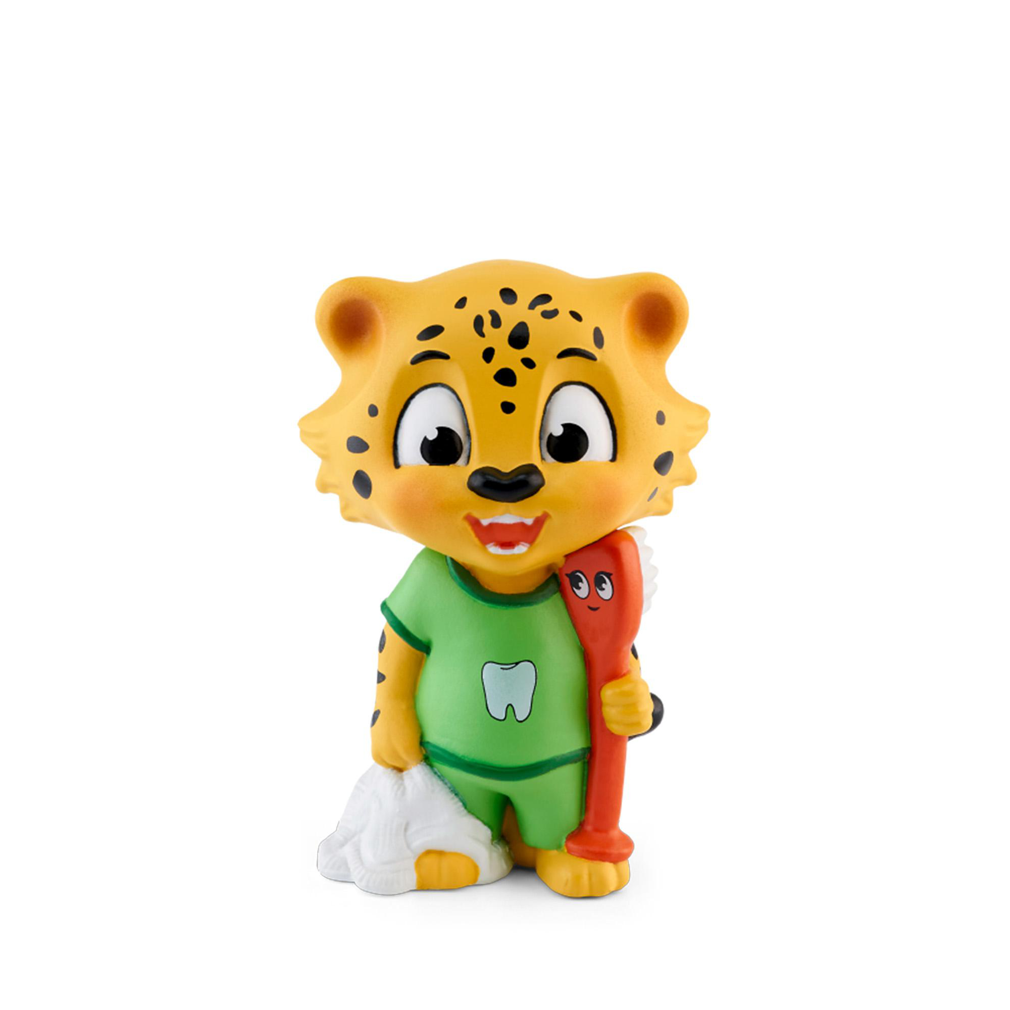 Cartoon-Leopard, der eine Zahnbürste hält. Er trägt eine grüne Uniform. Weißer Hintergrund.