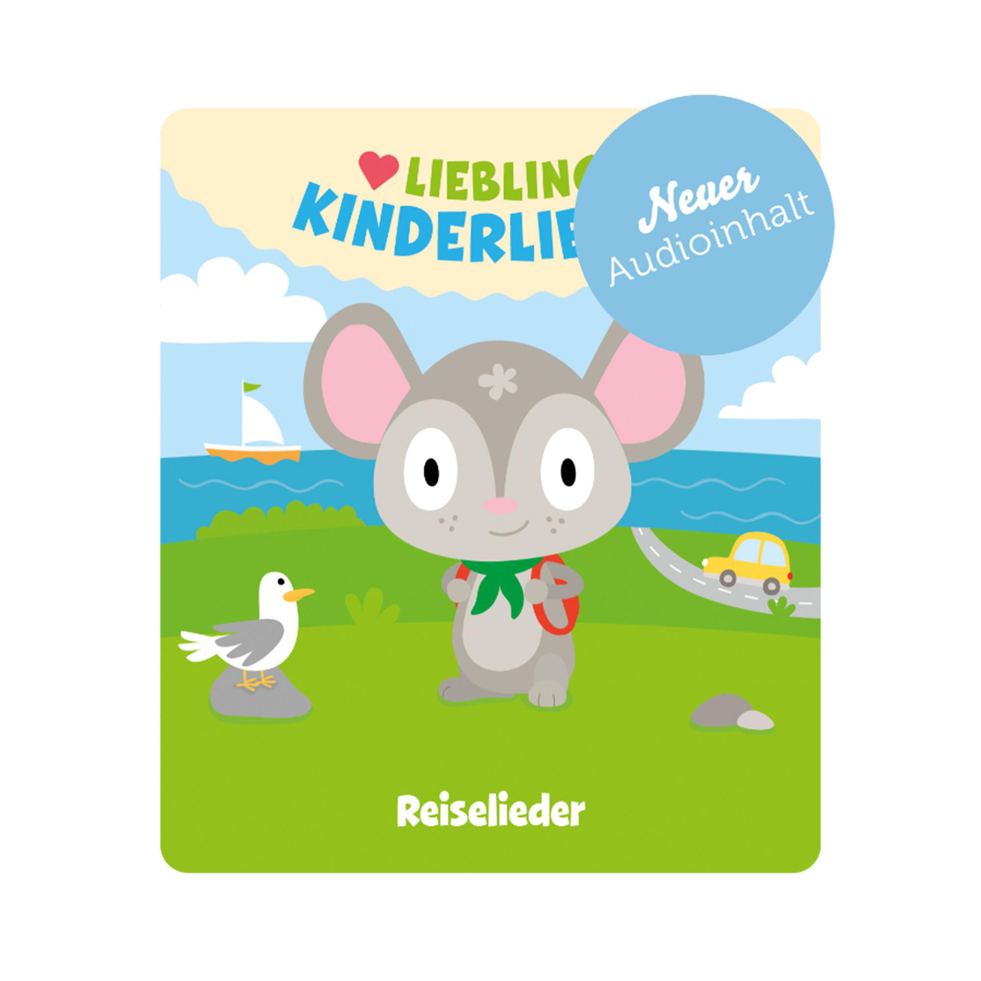 Ein Kinderbuchcover mit einer Cartoon-Maus, einer Möwe, einem Boot, einem Auto und dem Text 'Reiselieder'.