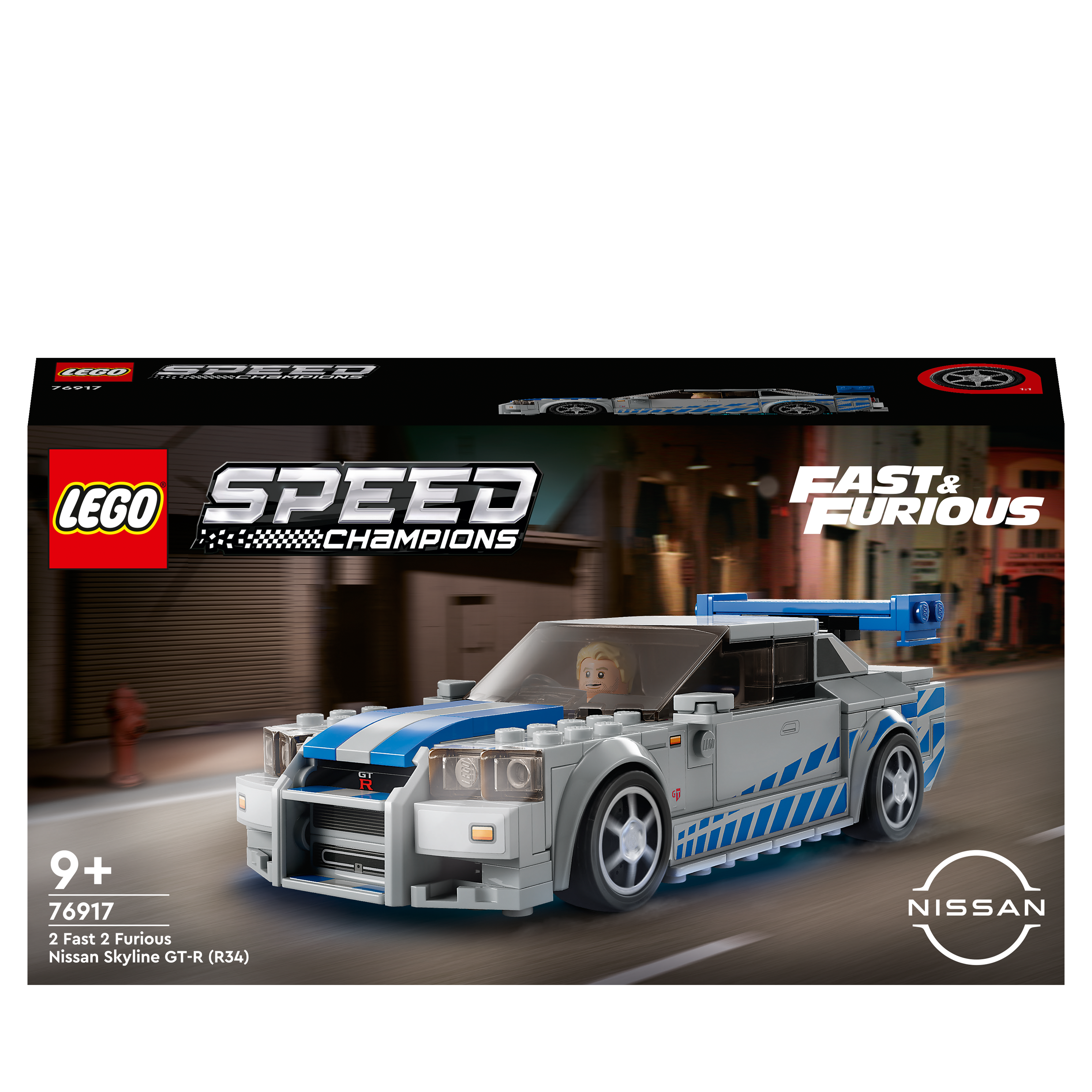 Lego Speed Champions Auto-Set. Graues und blaues Nissan Skyline GT-R (R34) Automodell.