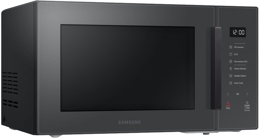Eine schwarze Mikrowelle mit Digitalanzeige, Bedienelementen und dem Samsung-Logo auf der Vorderseite.