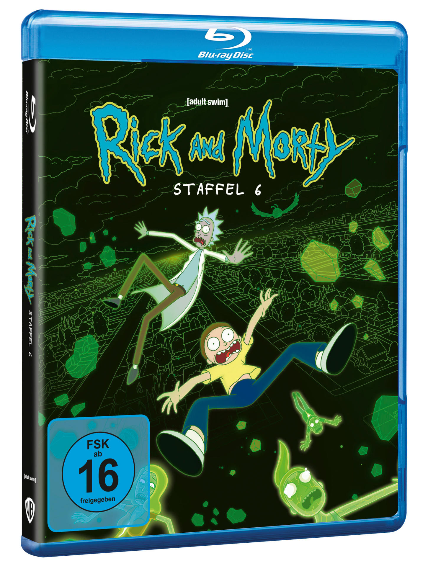 Ein Blu-ray-Disc-Cover von Rick and Morty. Rick und Morty schweben vor grünem Hintergrund.