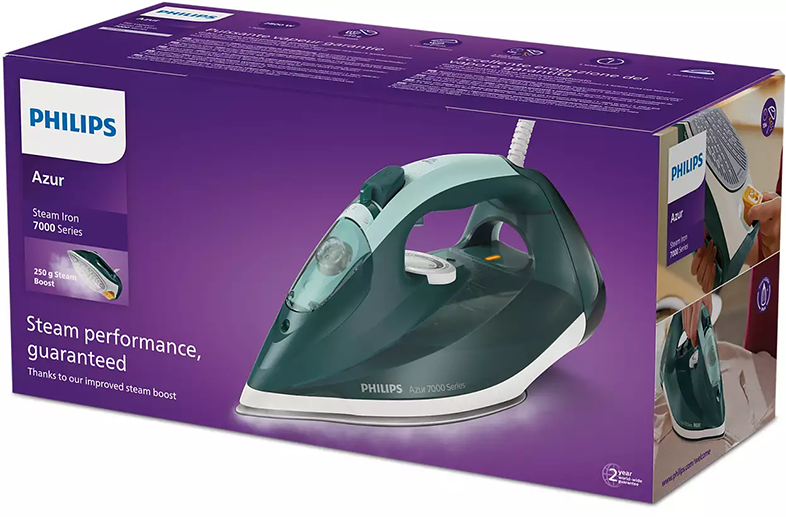Philips Azur gőzölős vasaló doboza, a termék képével és gőzölés-növelő információkkal.