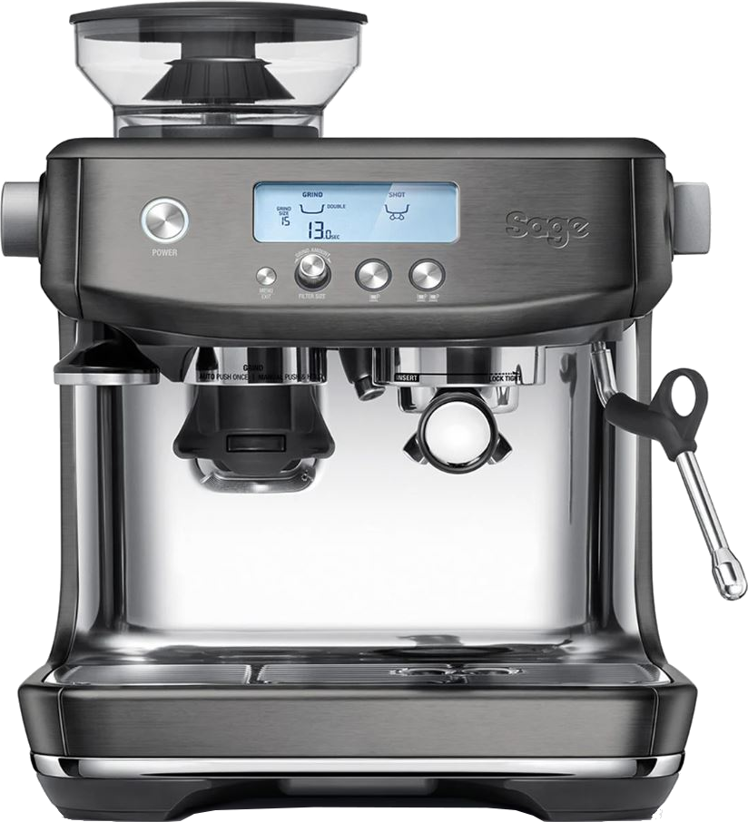 Machine à expresso gris foncé avec affichage numérique, détails argentés et un moulin sur le dessus.