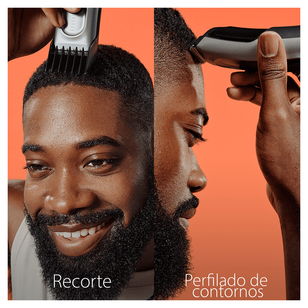 Una imagen dividida de un hombre cortándose el pelo y luego contorneando su barba con una recortadora.