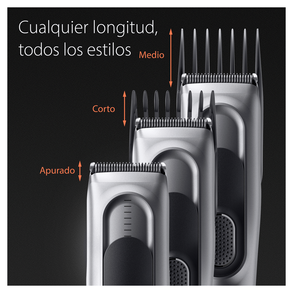 Cortapelos con tres longitudes de corte: corto, medio y largo.
