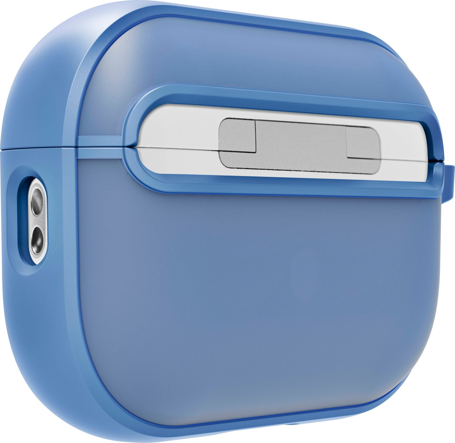 Étui d'écouteurs bleu avec un cadre bleu et un couvercle blanc.
