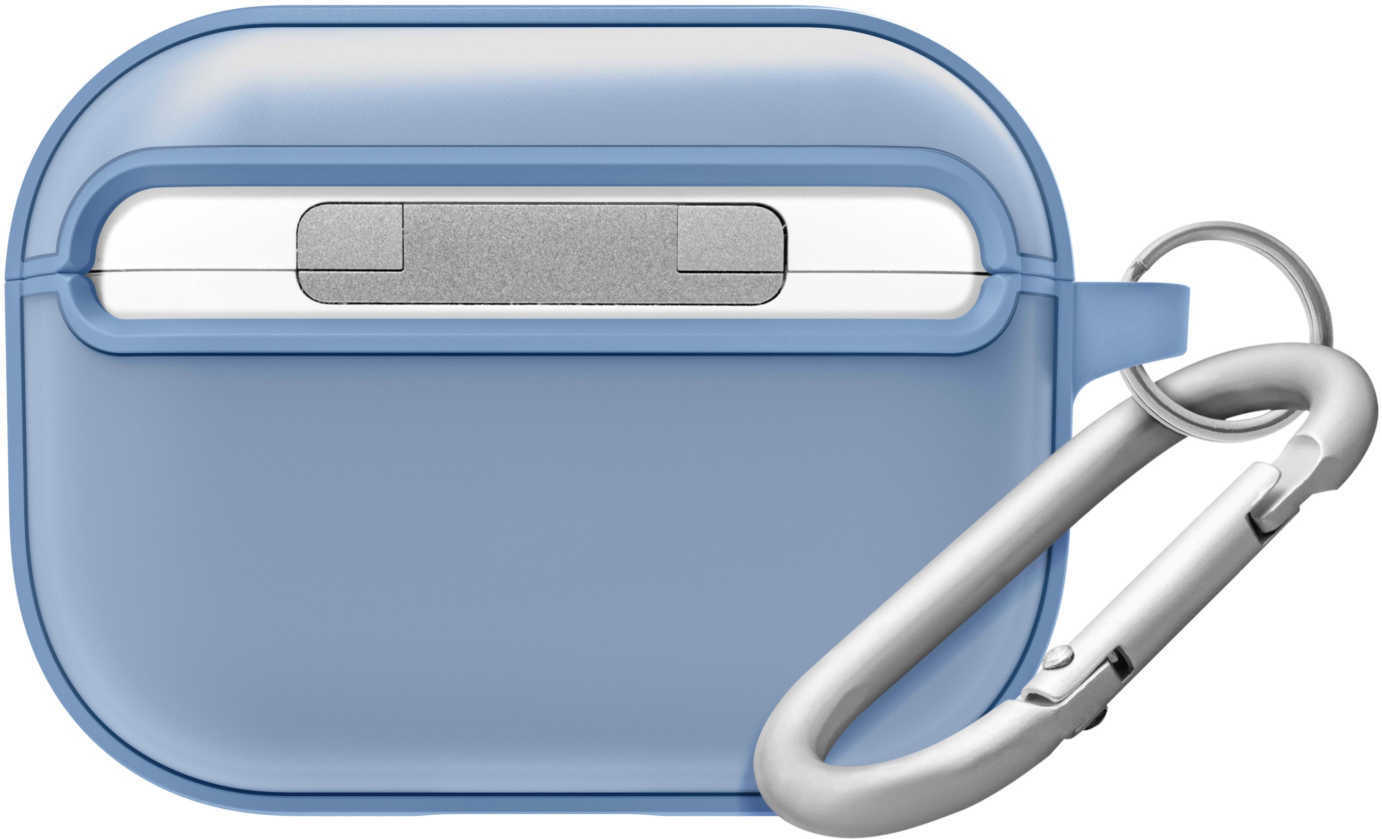 Un étui bleu clair pour AirPods avec un mousqueton argenté. L'étui a une ouverture blanche sur le dessus.