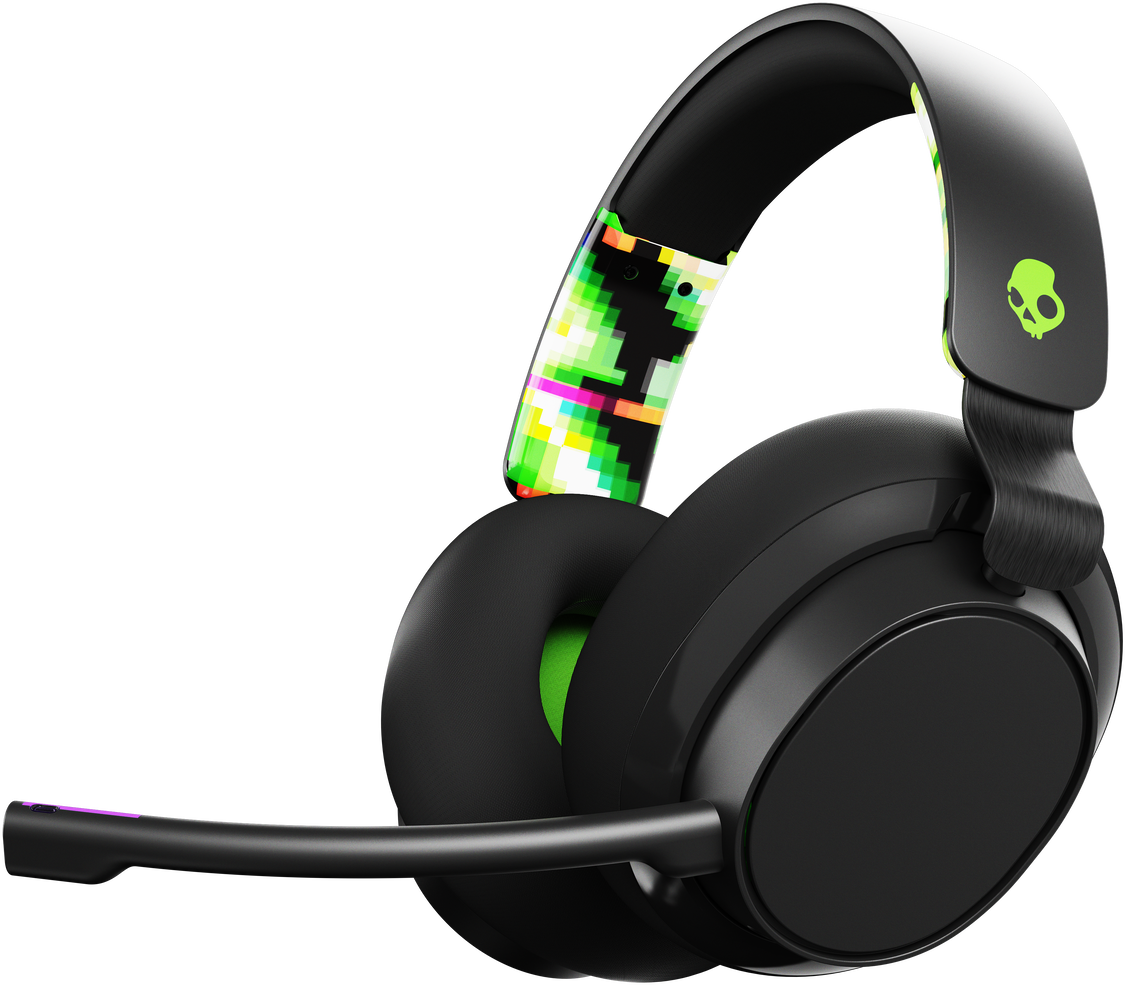 Fekete gamer fejhallgató zöld kiegészítőkkel és mikrofonnal.