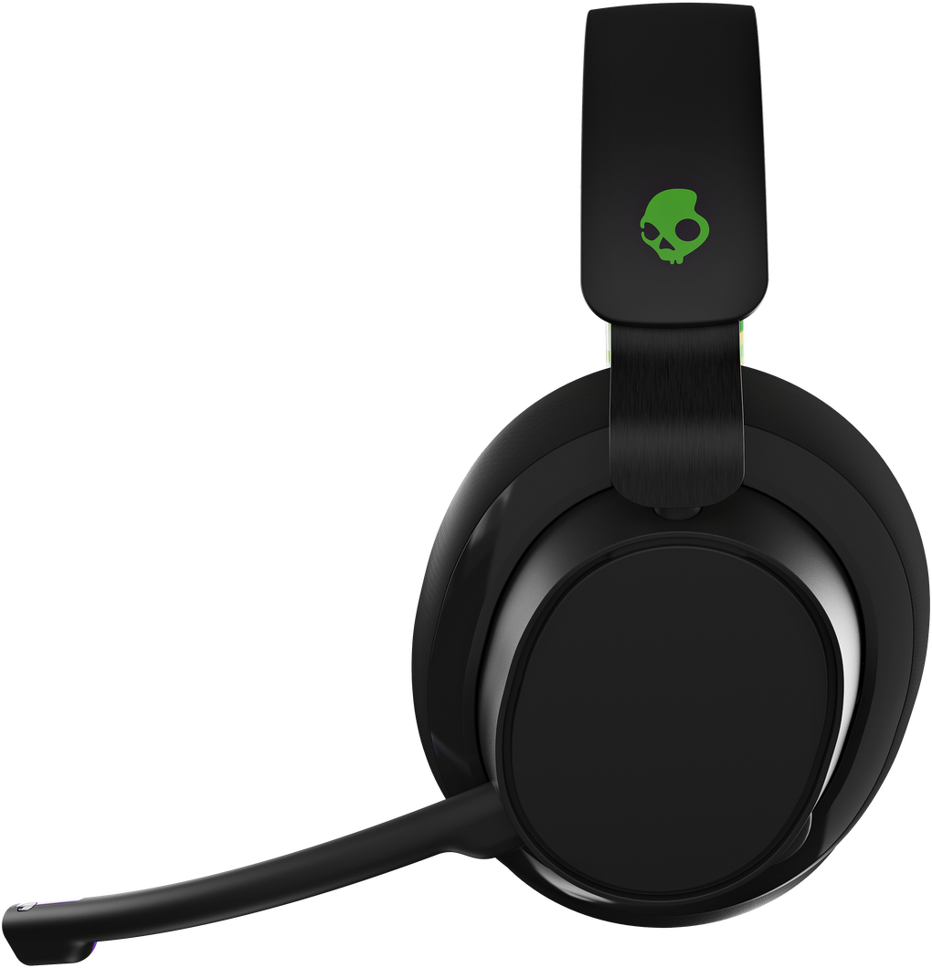 Fekete Skullcandy fejhallgató zöld koponya logóval és beépített mikrofonnal.