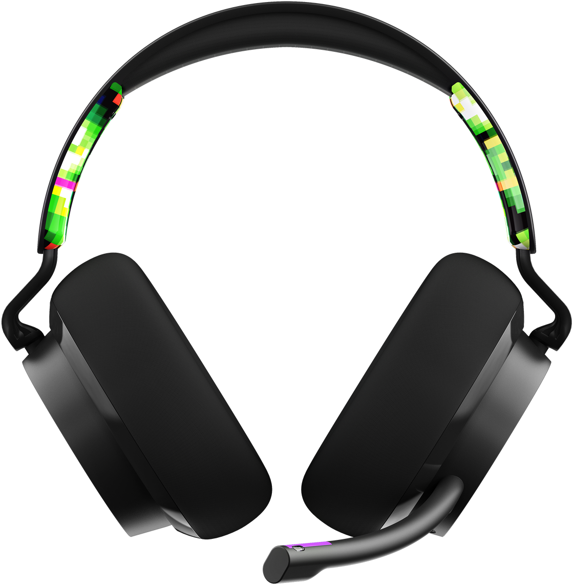 Fekete gamer headset pixeles dizájnnal a fejpánton. Mikrofon csatlakoztatva.