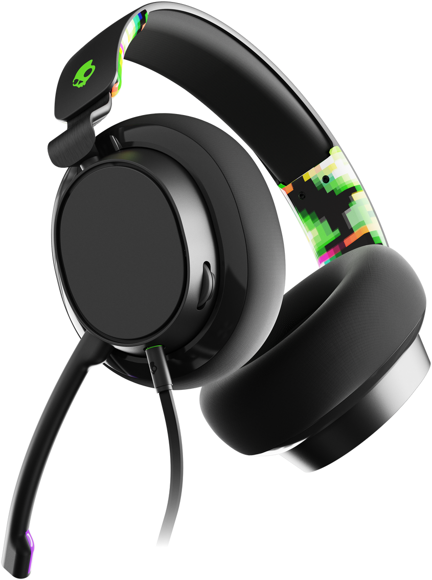 Fekete gamer headset pixeles mintával a fejpánton és a mikrofonon.