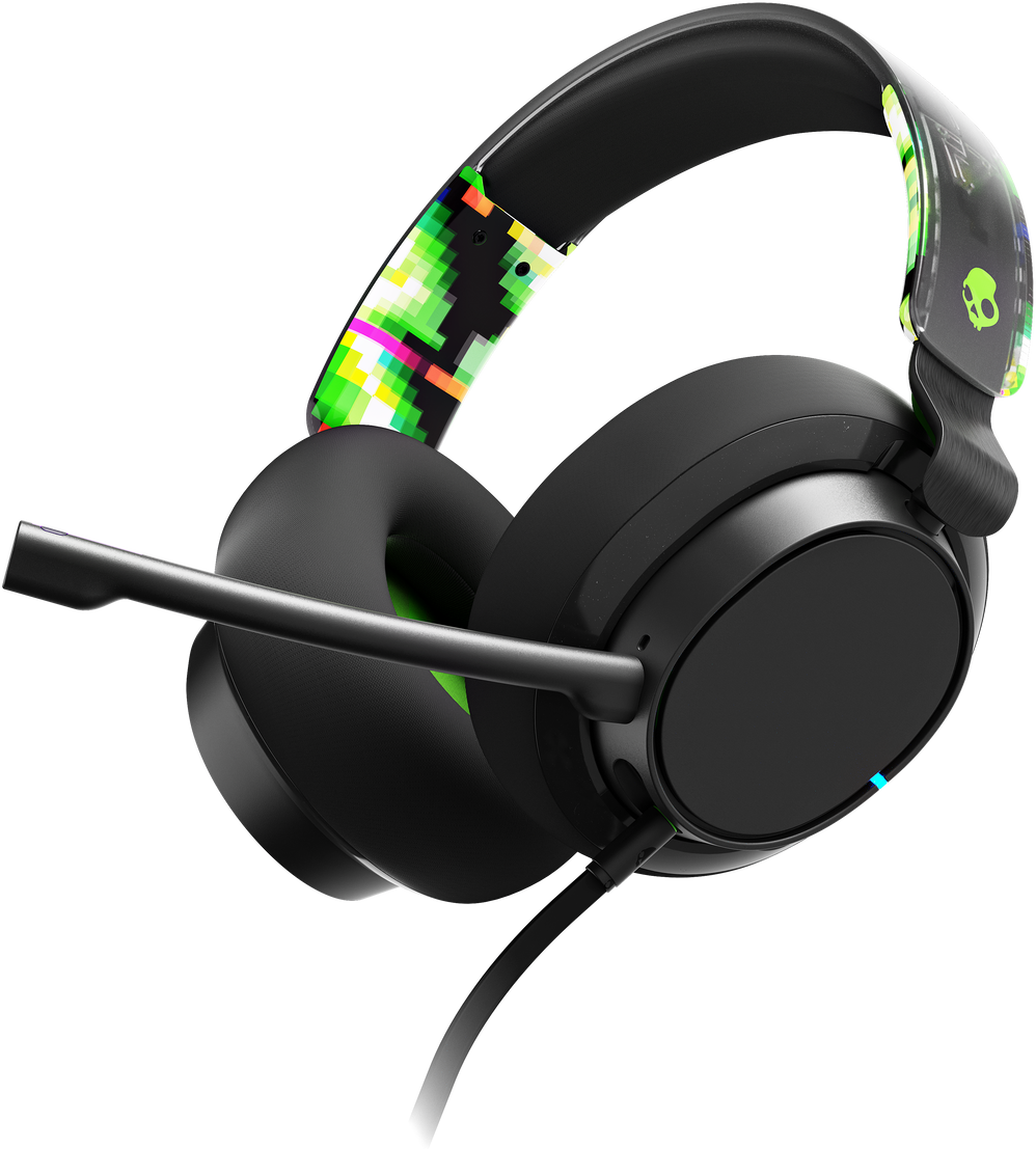 Fekete gaming headset színes dizájnnal a fejpánton és mikrofonnal. Fekete háttérrel.