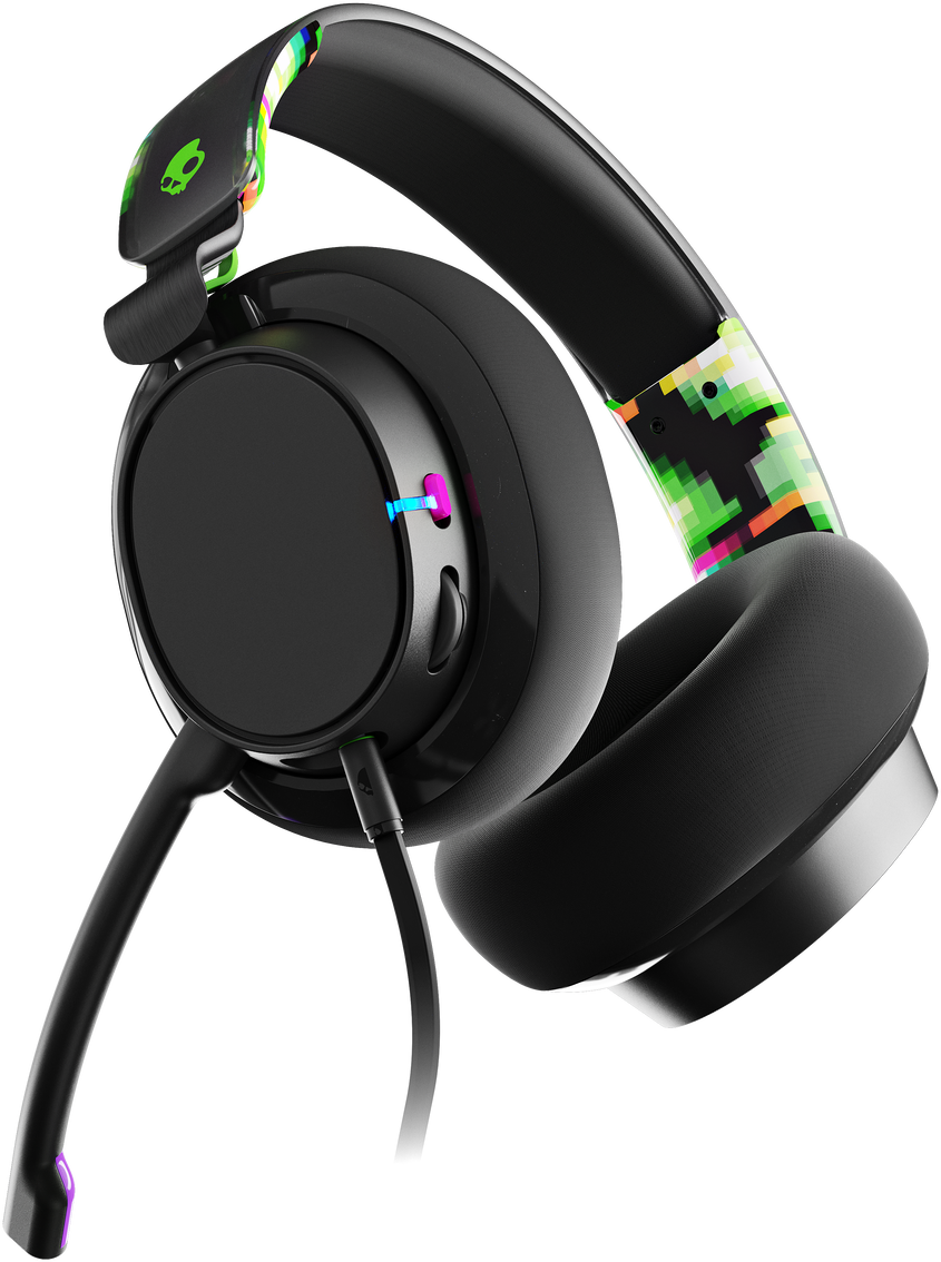 Fekete és szürke gamer headset mikrofonnal. A fülkagylók nagyok, egyiken pixeles dizájnnal.